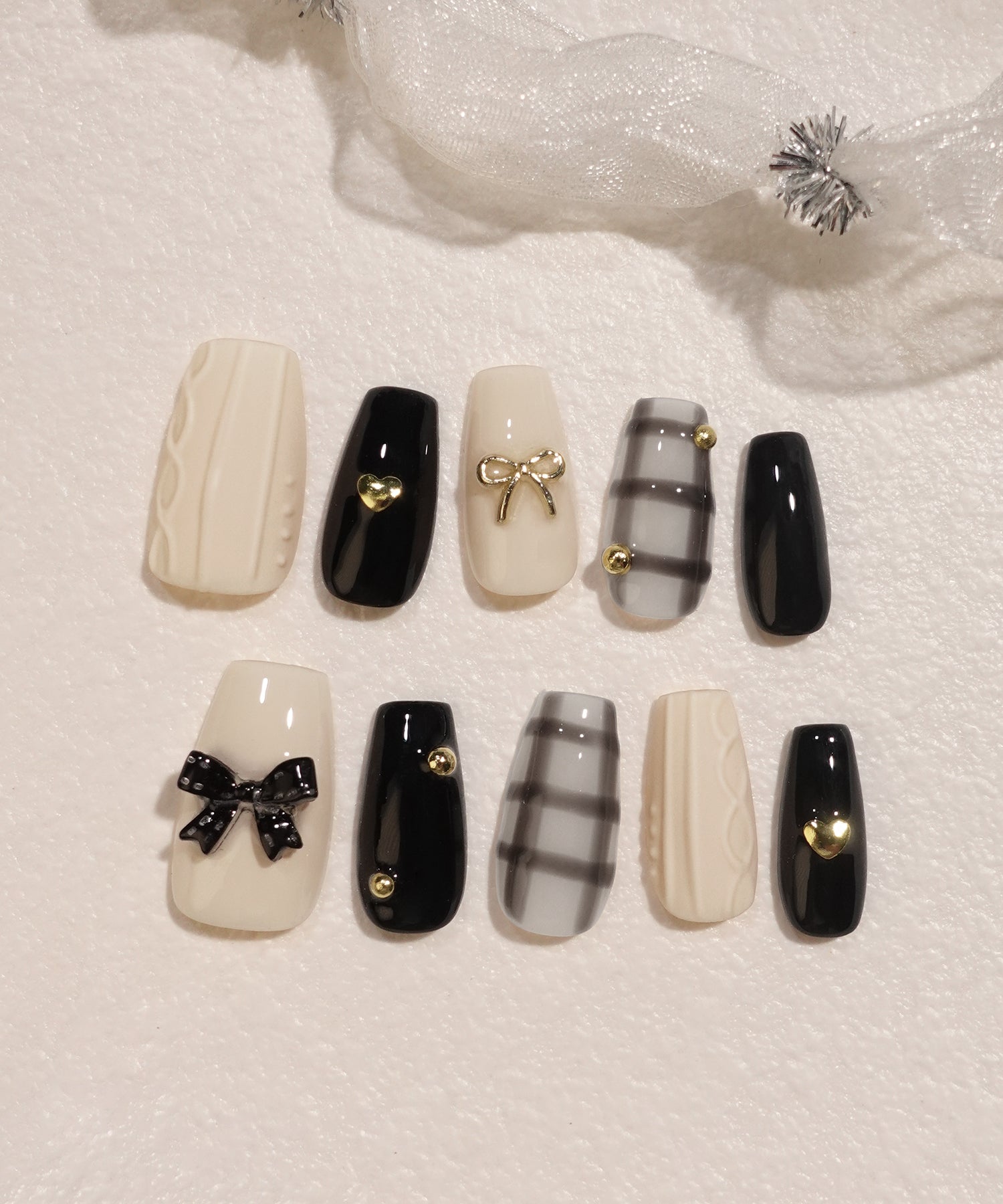 【予約販売】水光ネイルブラックチェックリボンパーツウィンターニットデザインバレリーナネイルチップ