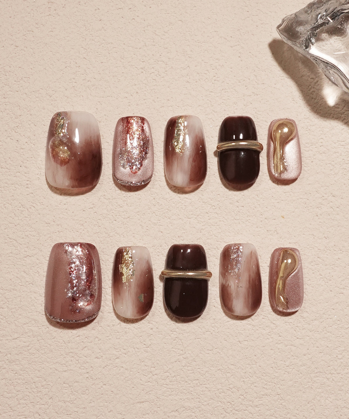 【COMING SOON】Water-glow Brown Rose Magnetic Nuance Art Mirror Foil Glitter Short Square Nail Tips