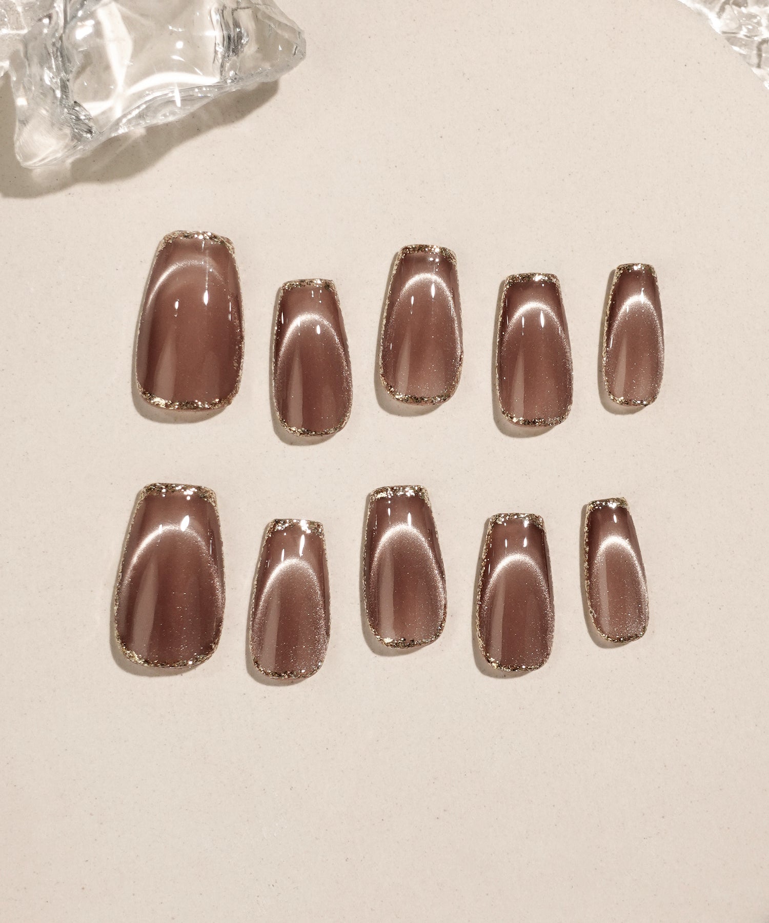 【一部当日発送】水光ネイルブラウンマグネットゴールドフレームバレリーナネイルチップ