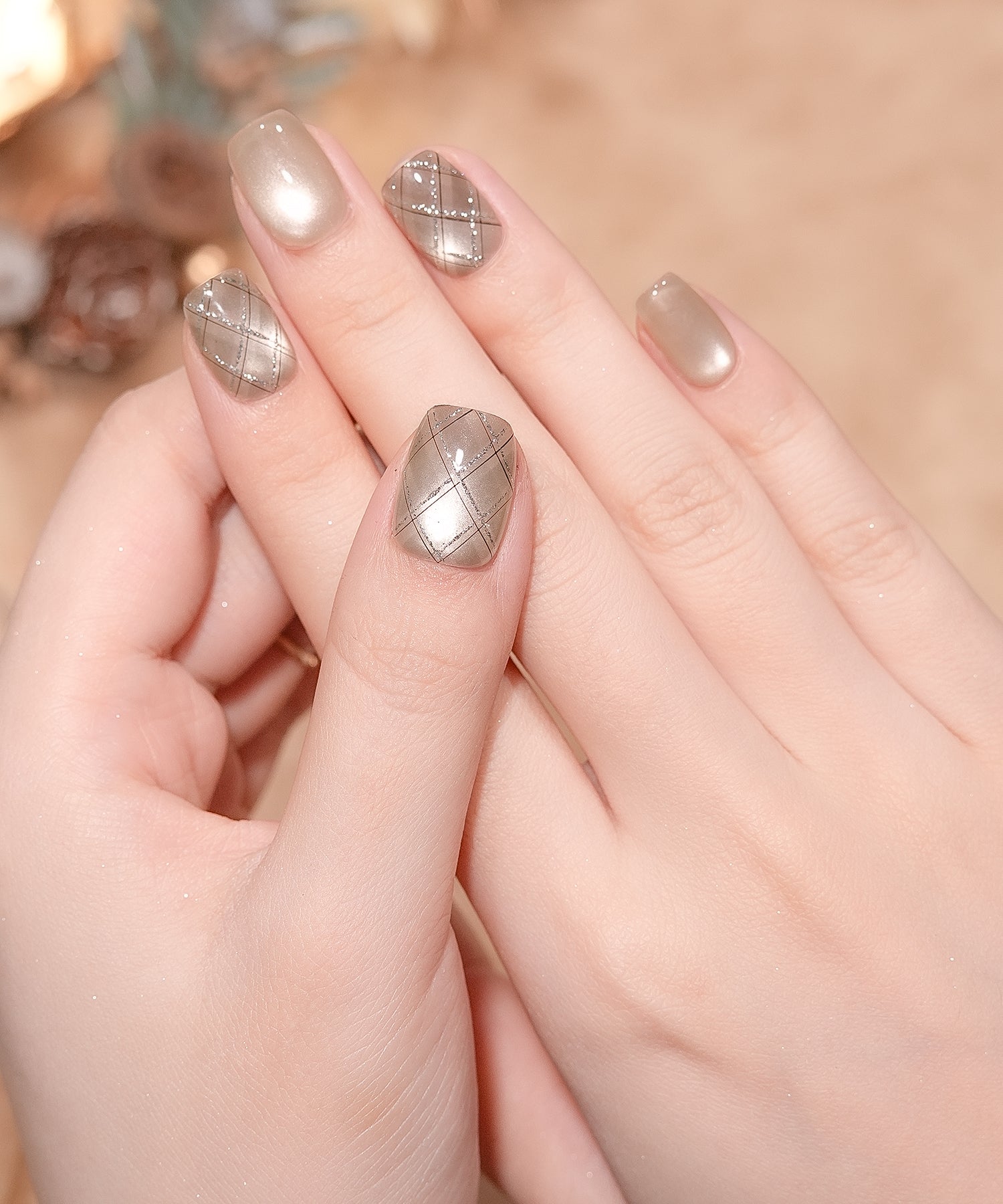 【当日発送】水光ネイルベージュマグネットグレーアーガイルショートスクエアネイルチップ