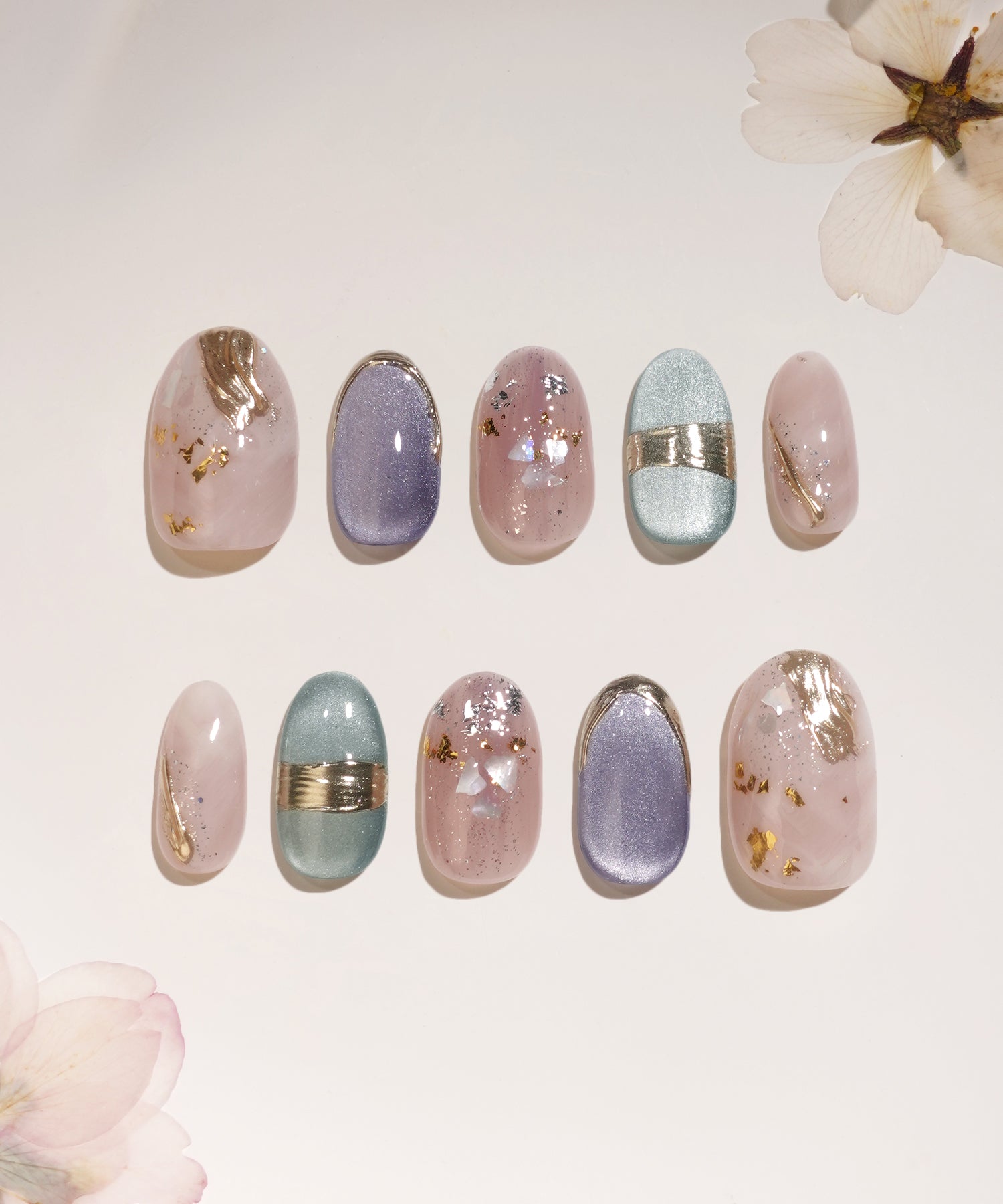 【予約販売】水光ネイルパープルマグネットニュアンスミラーアートホイルシェルラメオーバルネイルチップ