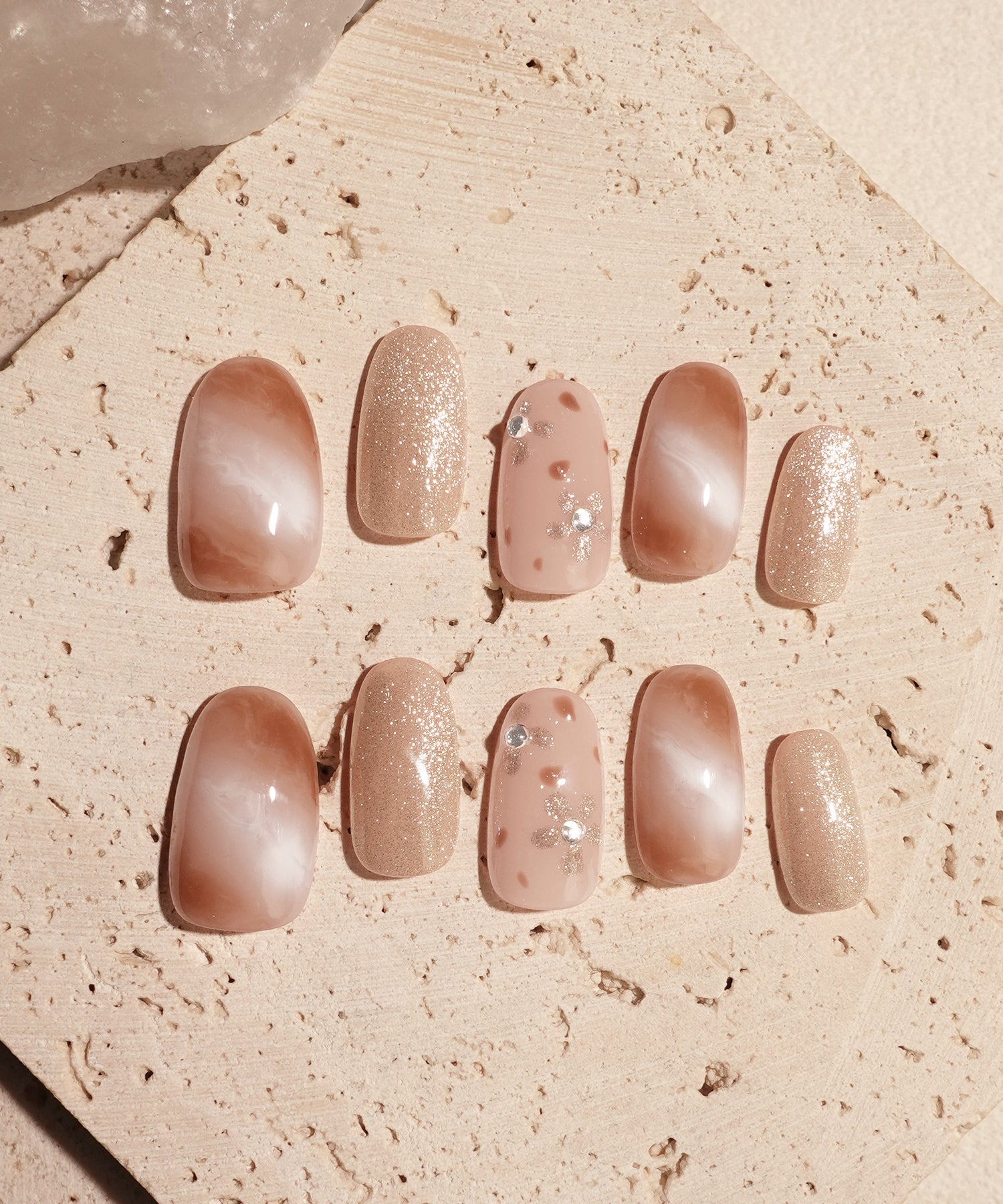 【当日発送】水光ネイルピンクマーブルフラワーアートストーンラメオーバルネイルチップ