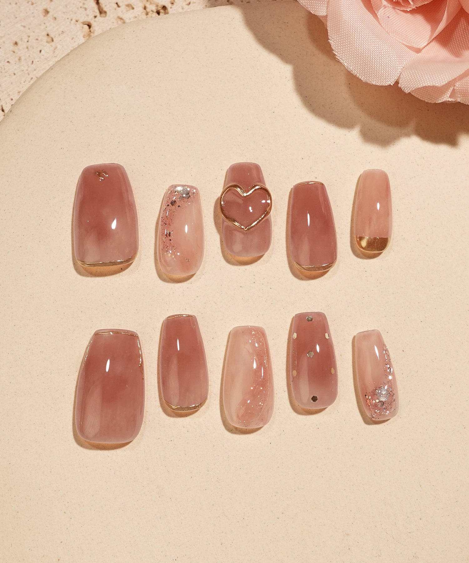 【SOLD OUT】水光ネイルコーラルオレンジマーブルハートモチーフゴールドミラーラメホロバレリーナネイルチップ