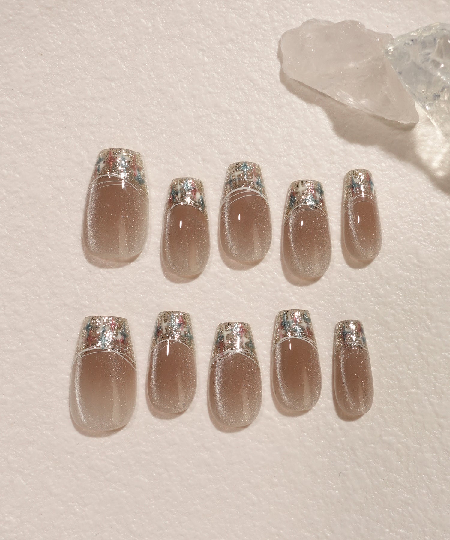 水光ネイルブラウンマグネットツイードフレンチバレリーナネイルチップ