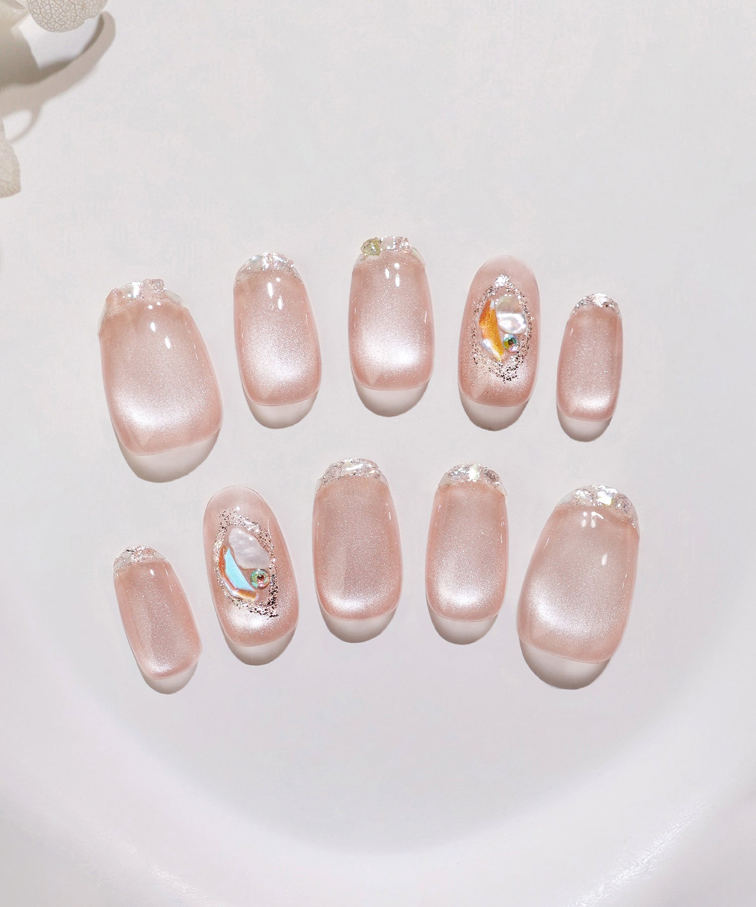 【当日発送】水光ネイルピンクマグネットガラスフレンチシェルストーンオーバルネイルチップ