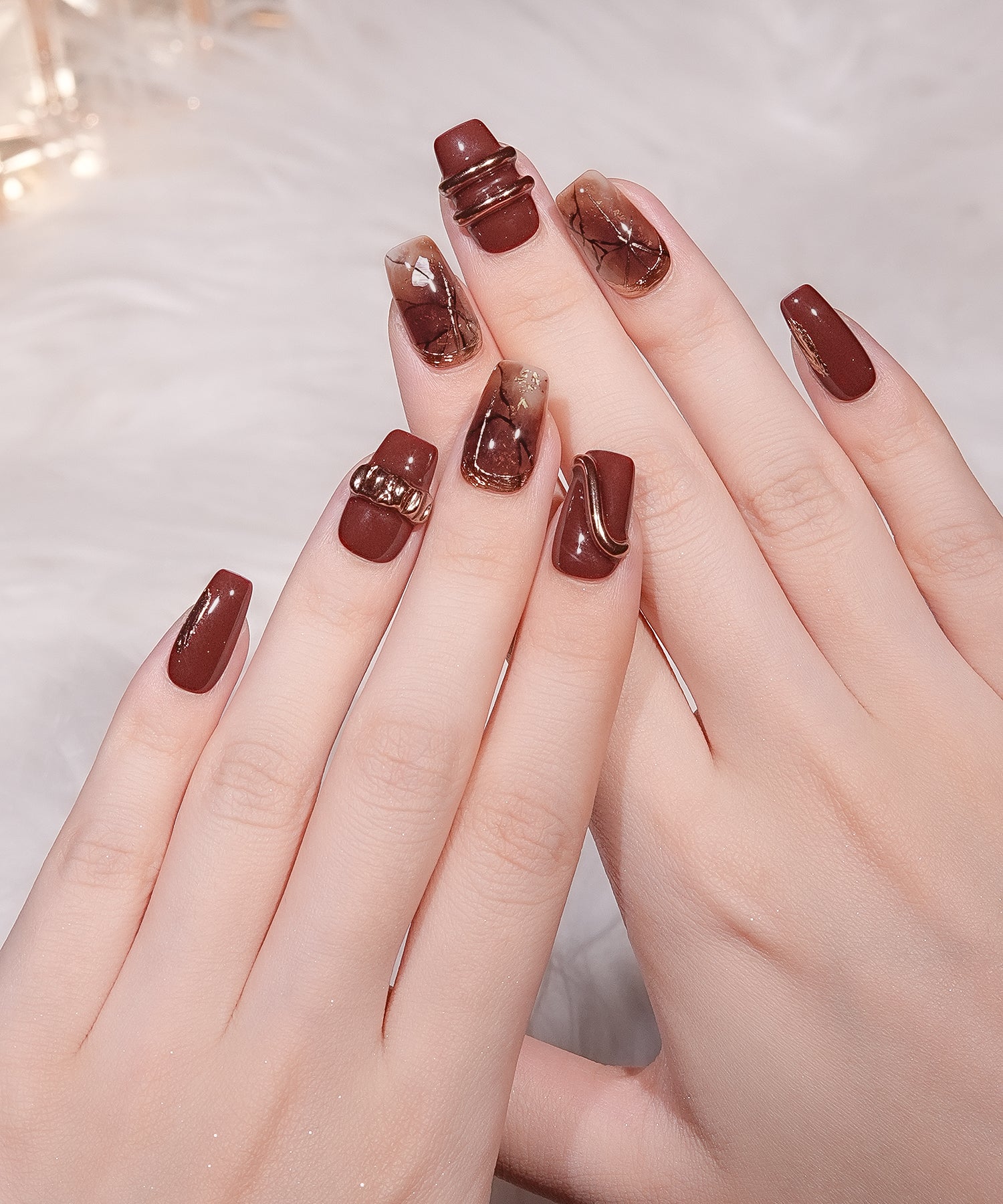 【当日発送】水光ネイルダークレッドマーブルゴールドミラーホログラムバレリーナネイルチップ
