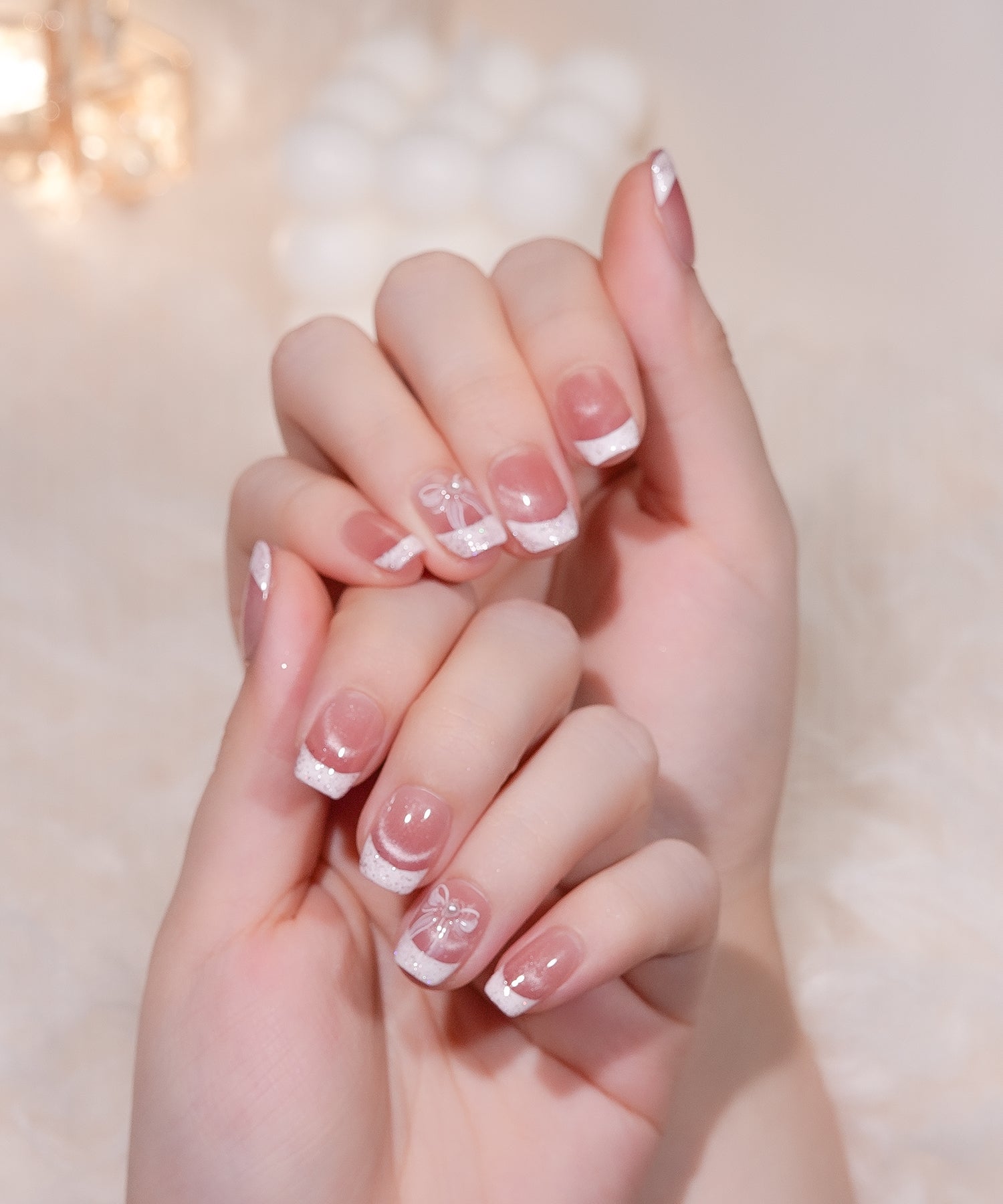 【当日発送】水光ネイルピンクホワイトマグネットフレンチリボンショートスクエアネイルチップ