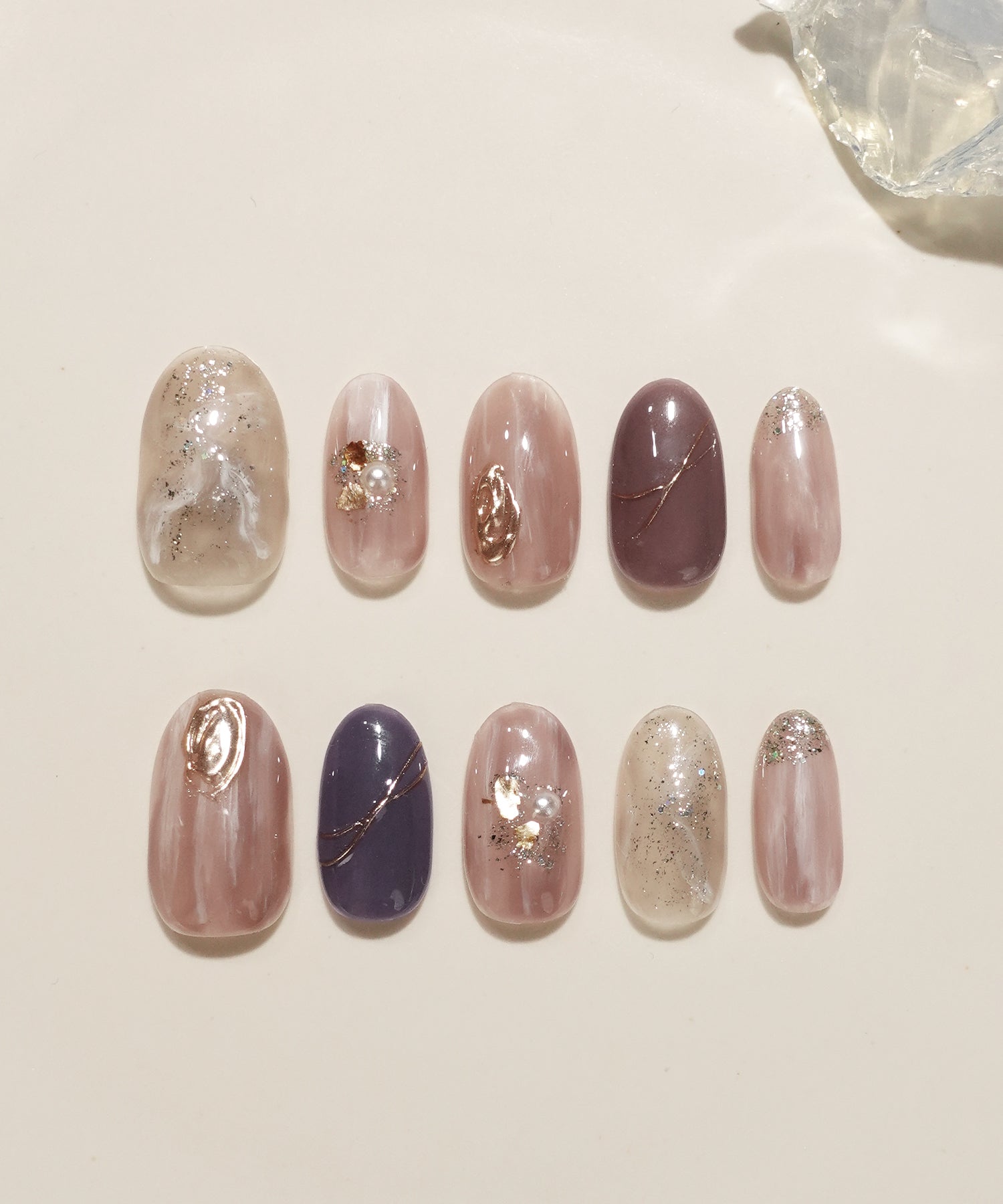 【COMING SOON】水光ネイルパープルニュアンスゴールドミラーパールオーバルネイルチップ