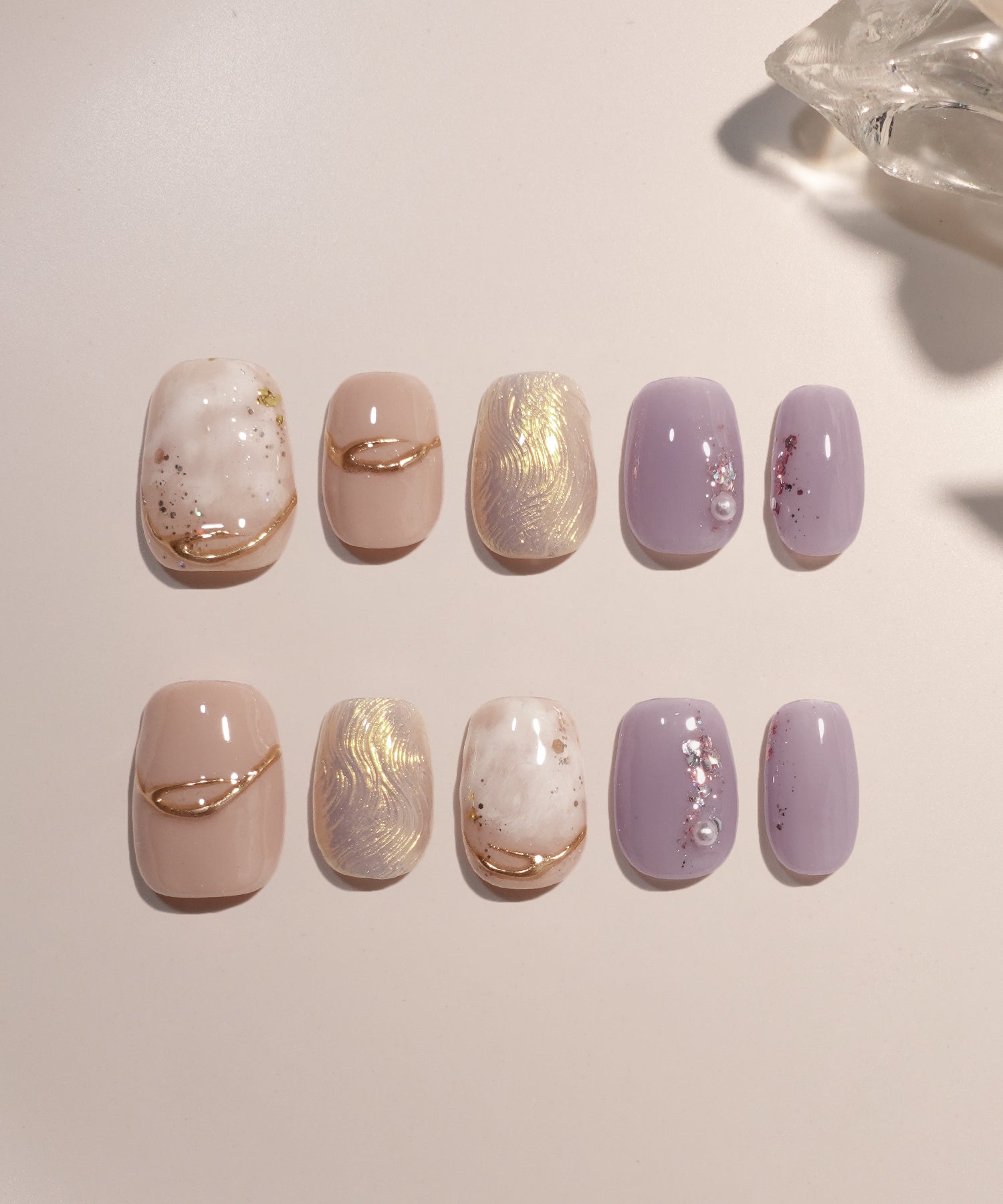 【COMING SOON】水光ネイルパープルニュアンスゴールドミラーウェーブホイルパールラメショートスクエアネイルチップ