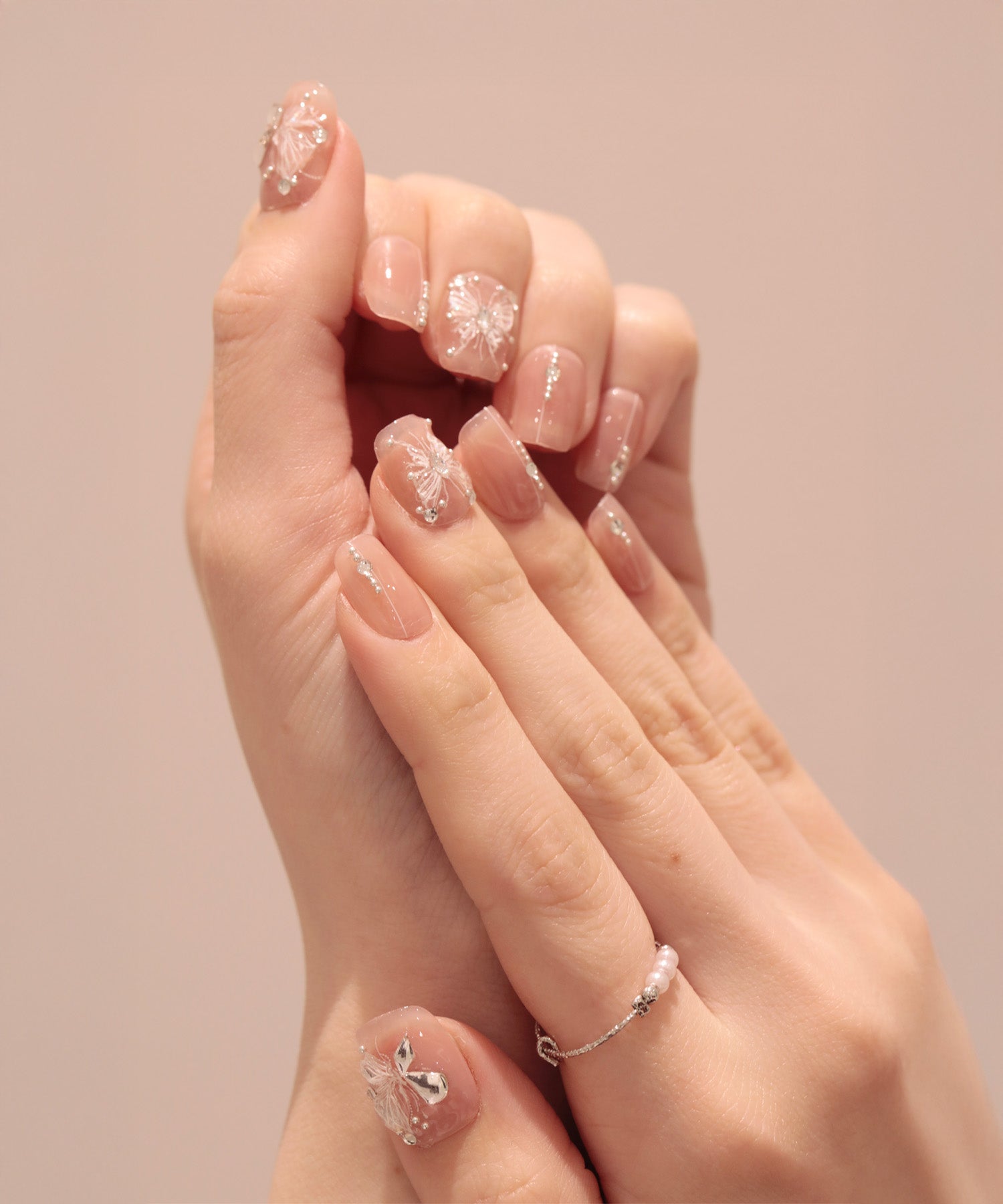 【当日発送】水光ネイルピンクバタフライアートストーンラインショートスクエアネイルチップ