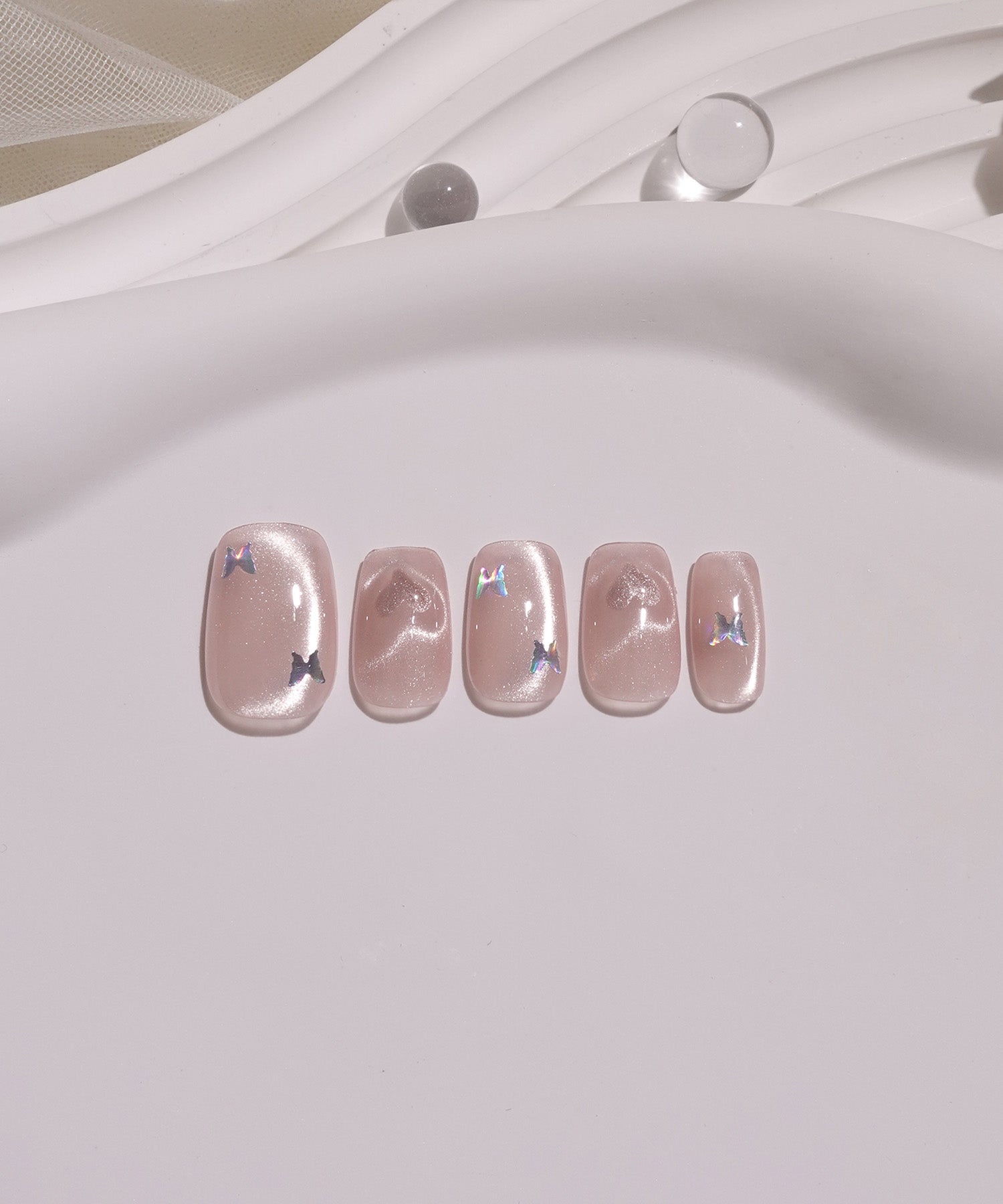 【当日発送】水光ネイルピンクハートマグネットバタフライショートスクエアネイルチップ