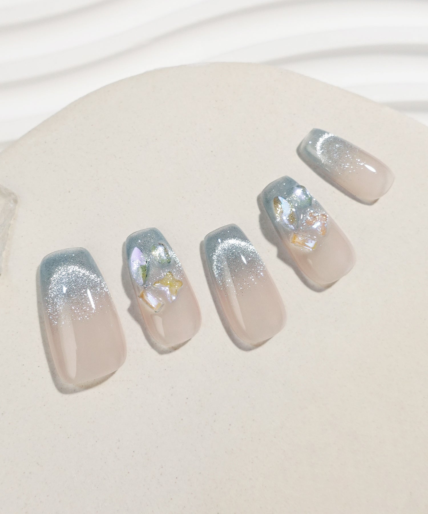 【当日発送】水光ネイルピンクブルーグラデーションクリアストーンバレリーナネイルチップ