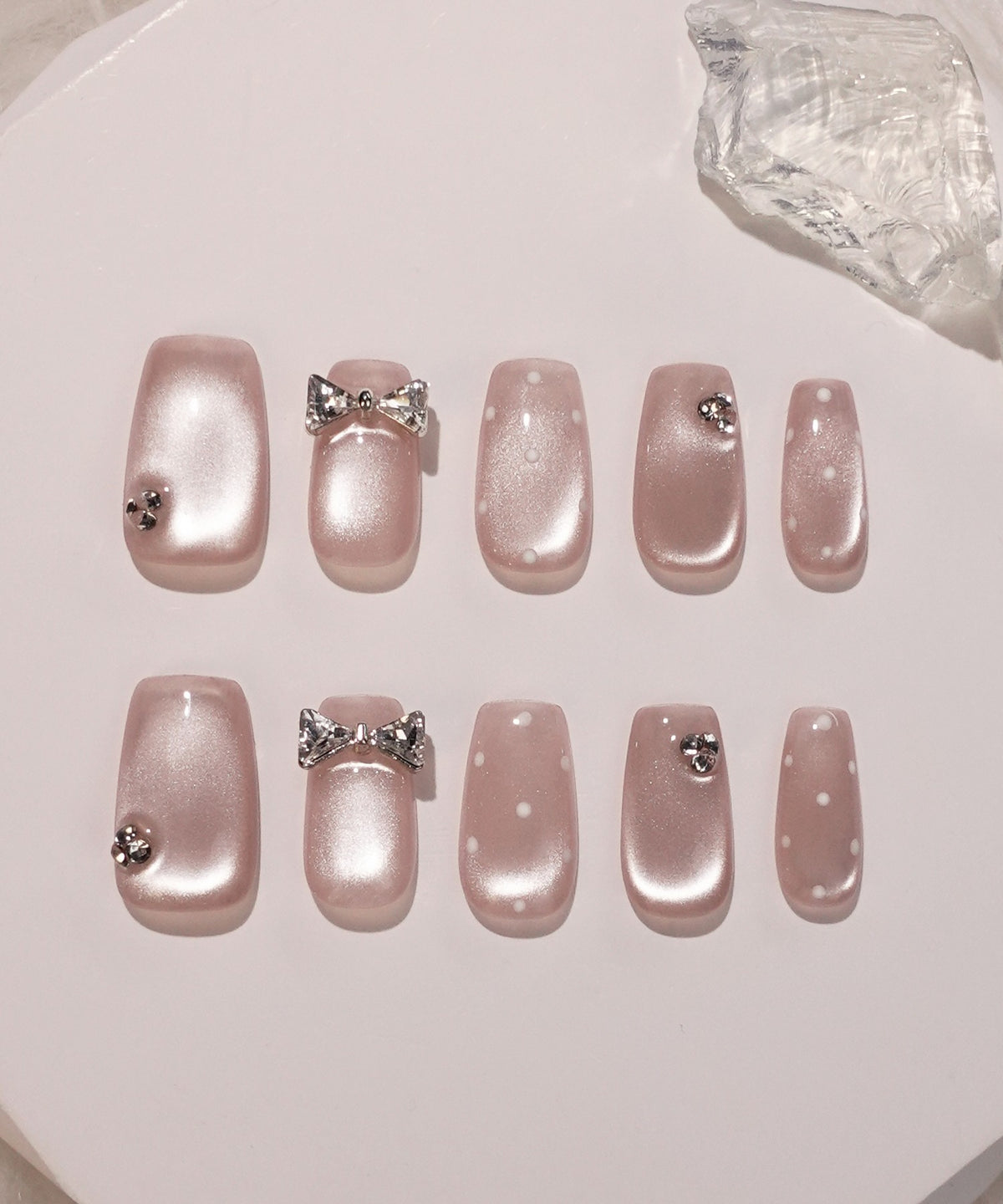 【SOLD OUT】 Water-gloss pink sheer ribbon V-cut dot square nail tips