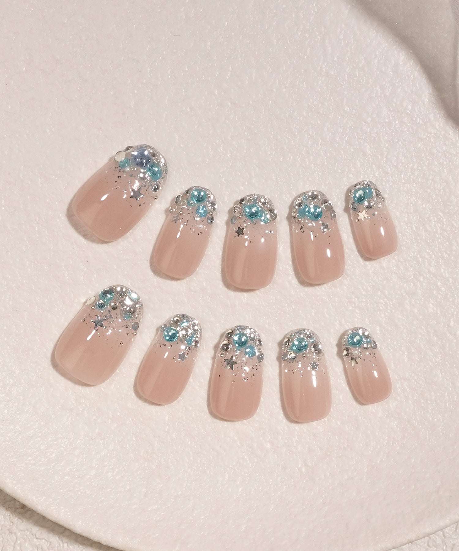 【COMING SOON】水光ネイルナチュラルピンクラメグラデーションブルービジュースターホロパールオーバルネイルチップ