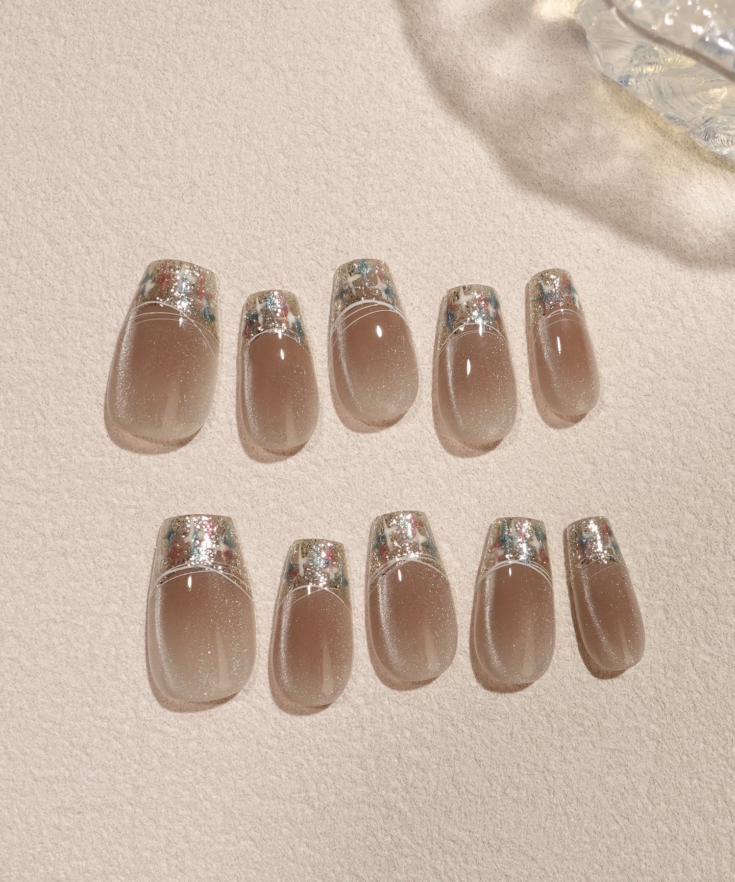 水光ネイルブラウンマグネットツイードフレンチバレリーナネイルチップ