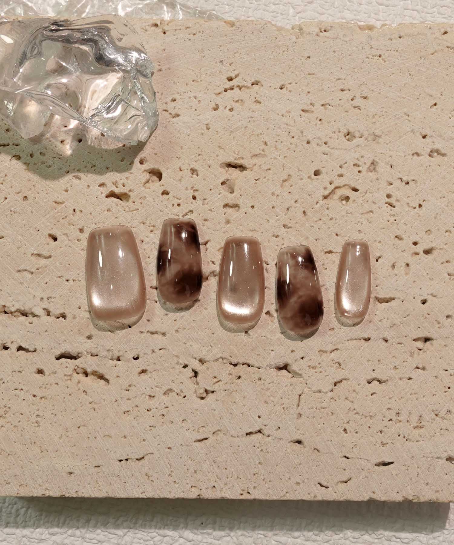 【当日発送】水光ネイルピンクブラウンニュアンスタイダイスクエアネイルチップ