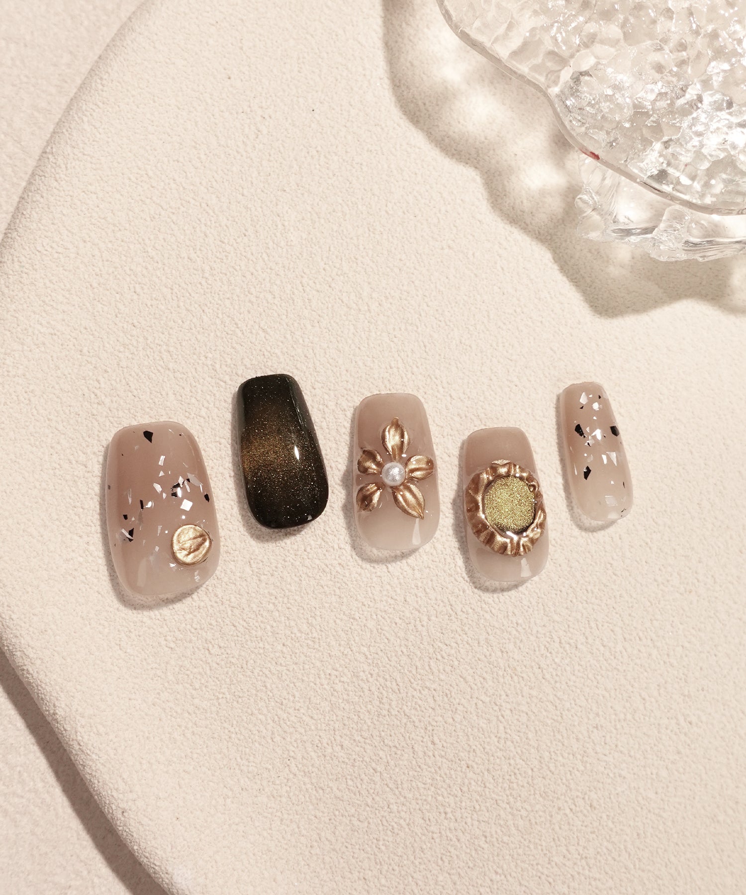 【当日発送】水光ネイルブラウンゴールドマグネットフラワーパーツパールスクエアネイルチップ