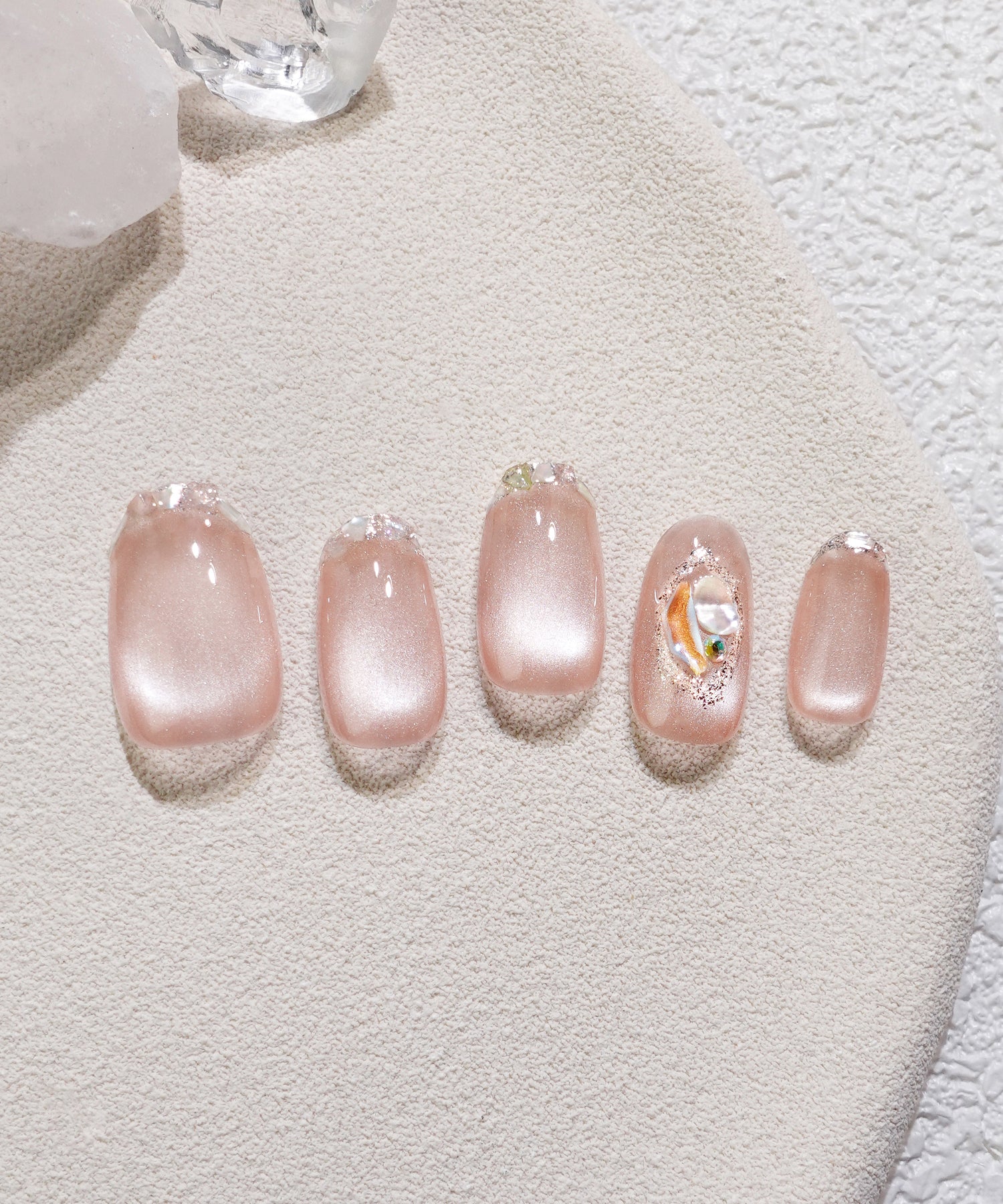 【当日発送】水光ネイルピンクマグネットガラスフレンチシェルストーンオーバルネイルチップ