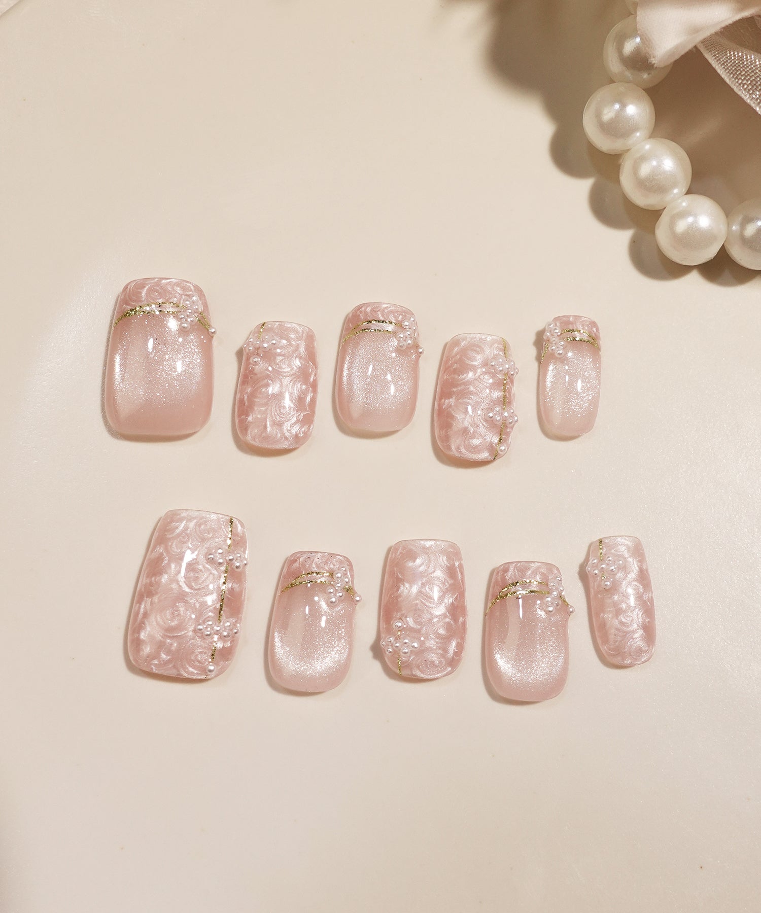 【一部当日発送】水光ネイルピンクマグネットジェムストーンパールアートショートスクエアネイルチップ