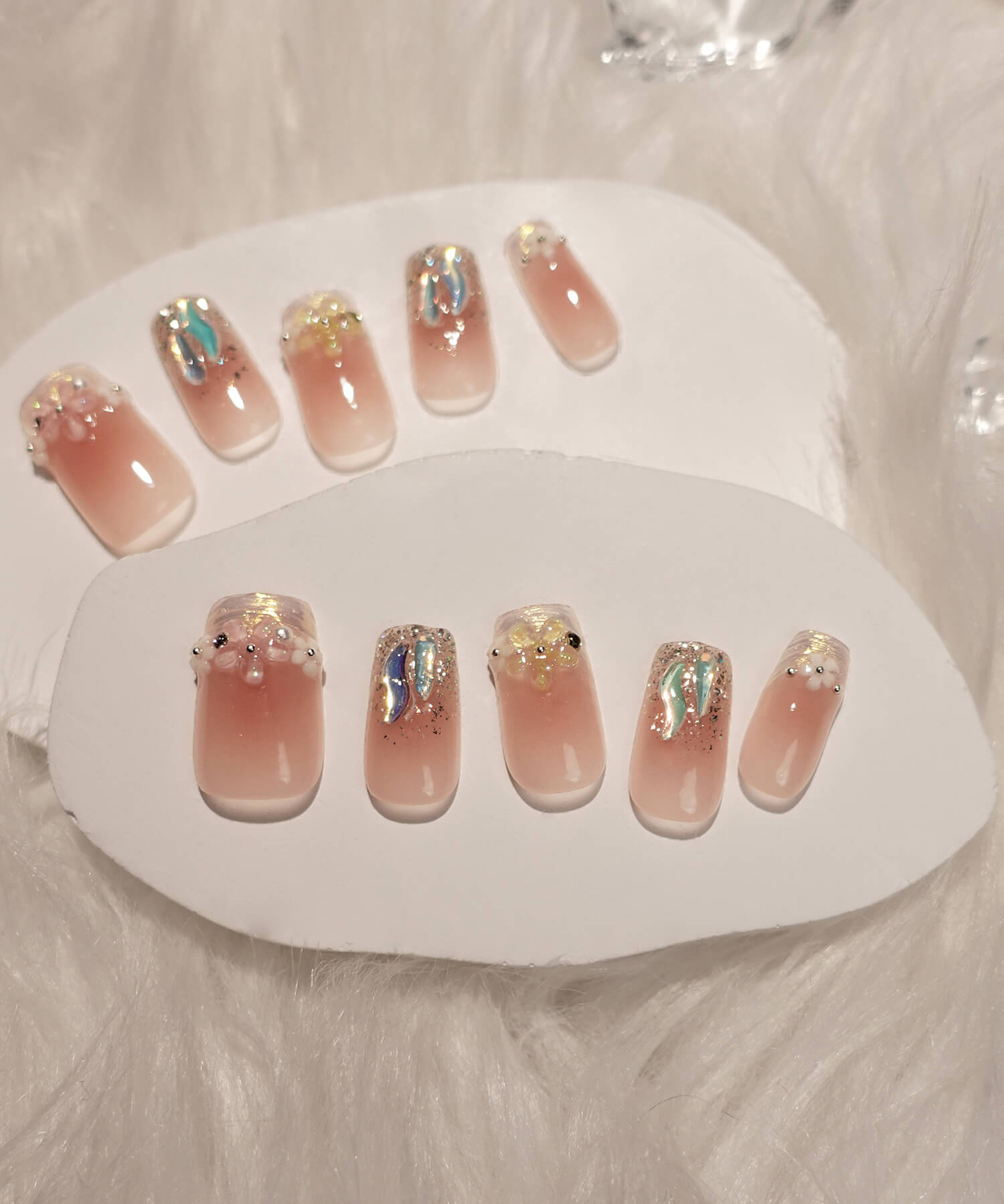 【一部当日発送】水光ネイルピンクチークフラワー偏光ストーンラメオーロラフレンチスクエアネイルチップ