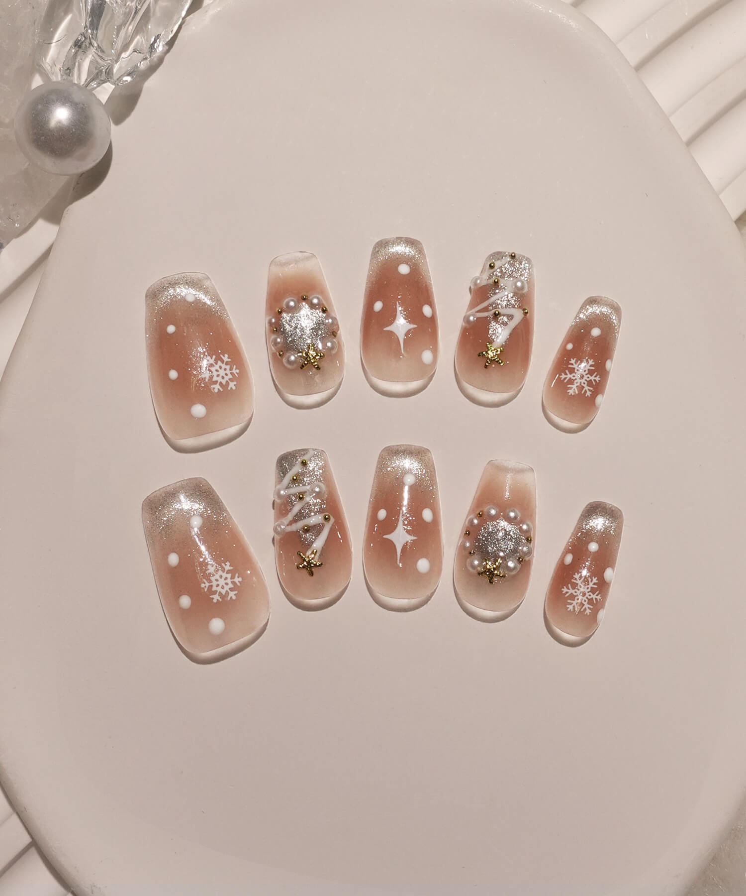 【当日発送】水光ネイルマグネットフレンチツリースノーパールクリスマスバレリーナネイルチップ