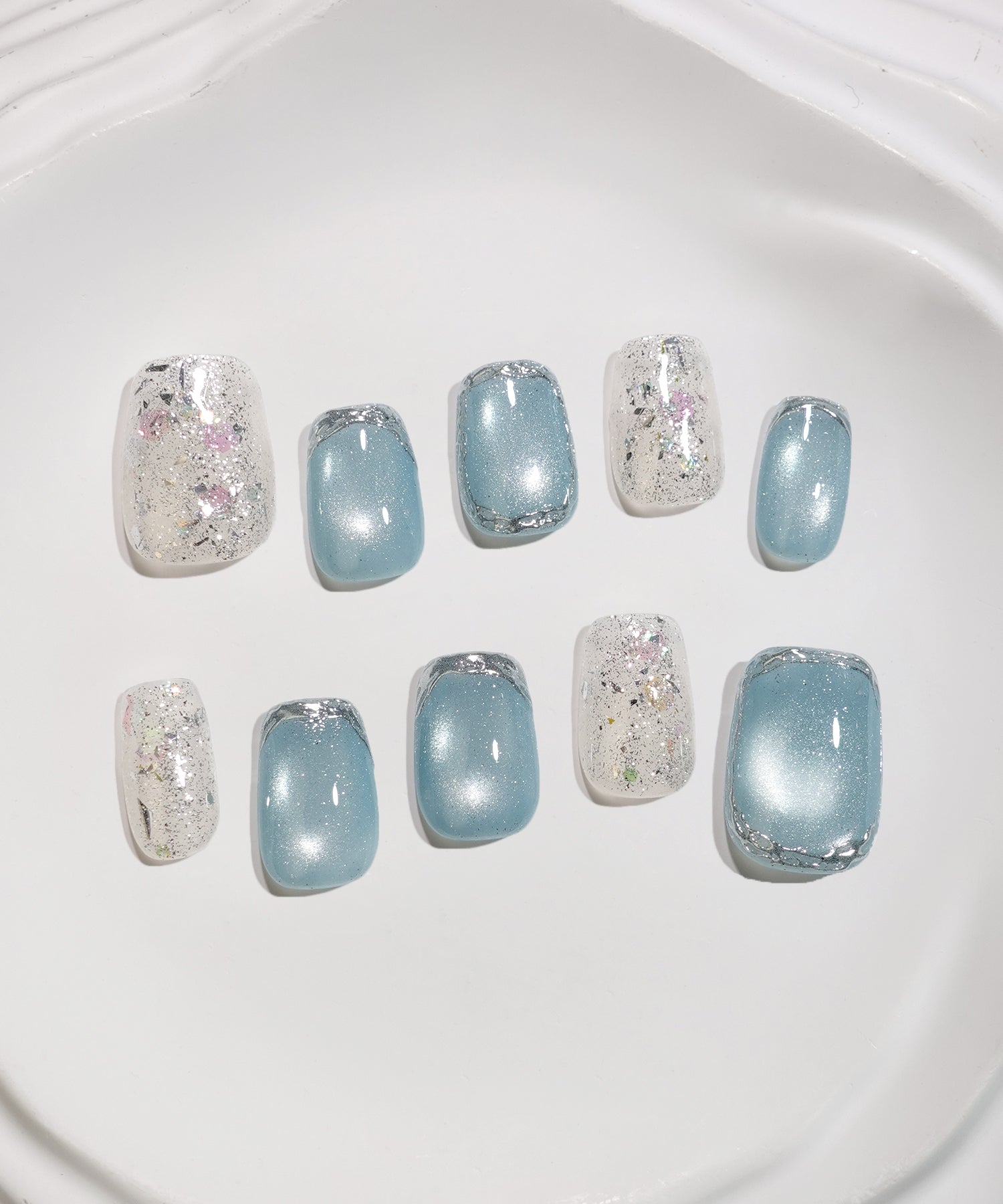 【COMING SOON】水光ネイルアイスブルーマグネットシルバーミラーラインアートラメホロショートスクエアネイルチップ