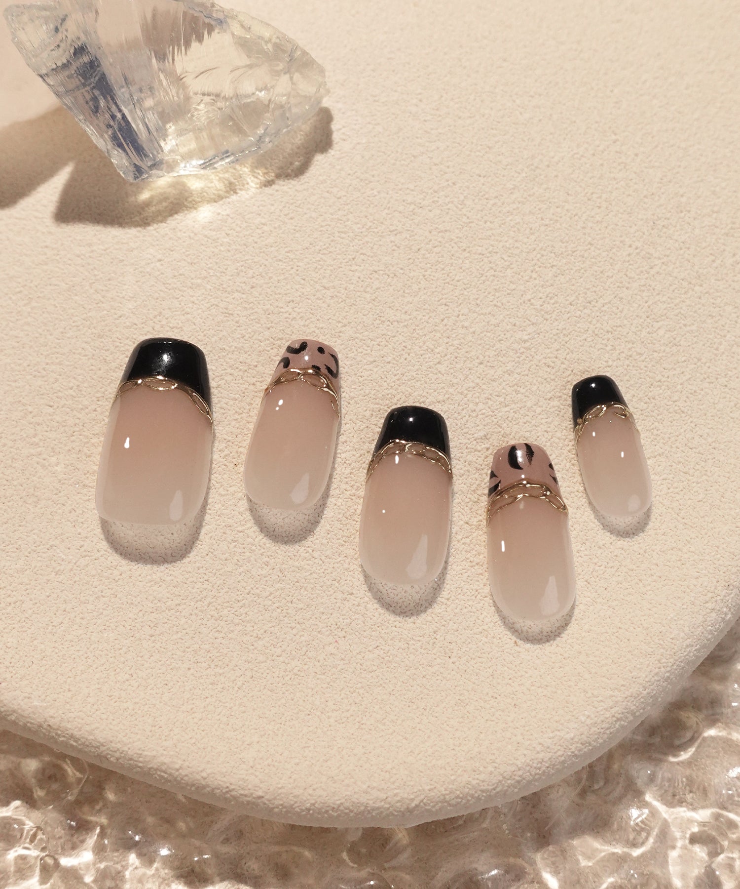 【一部当日発送】水光ネイルベージュブラックフレンチレオパードミラーラインバレリーナネイルチップ