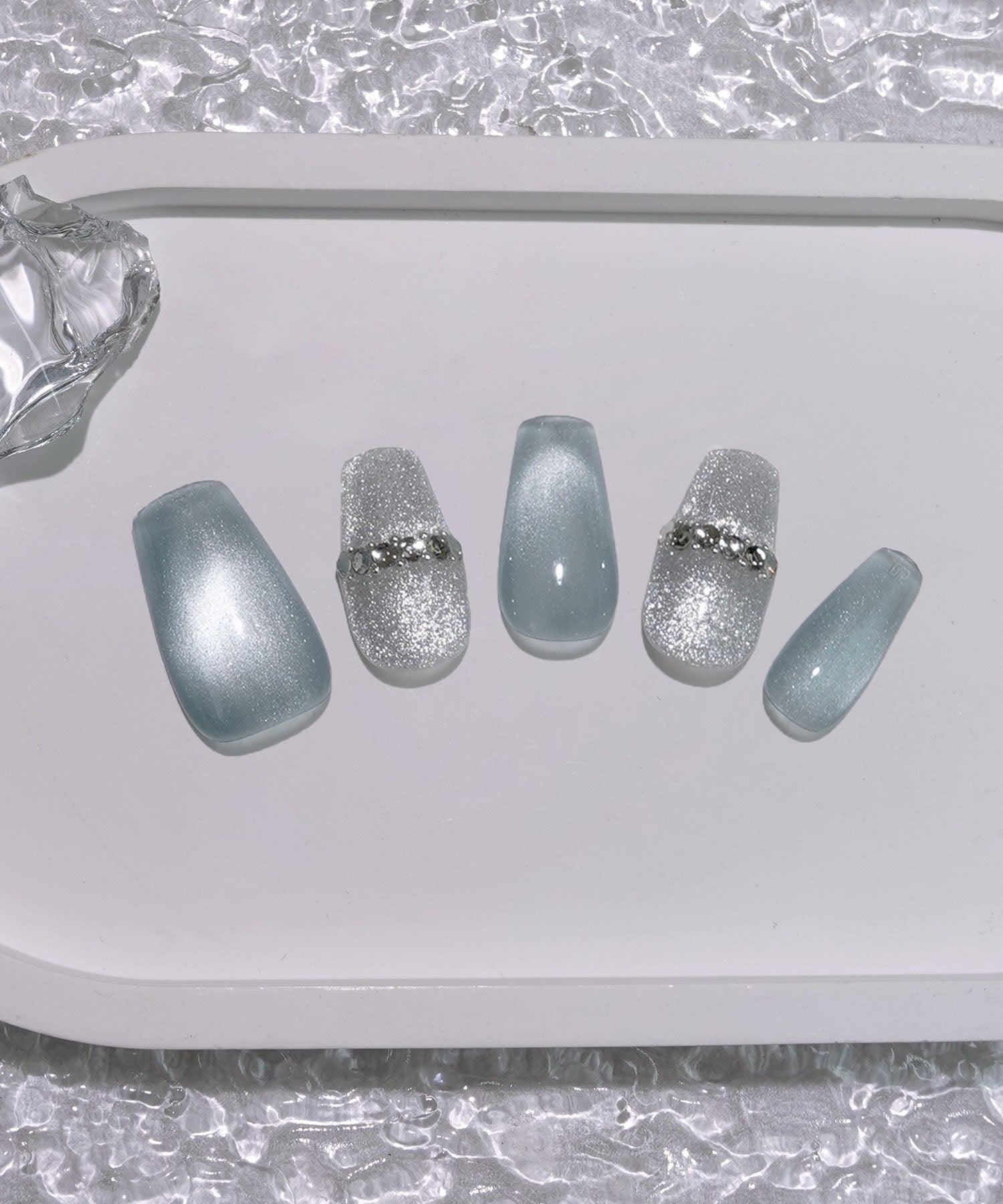 【当日発送】水光ネイルストーンシルバーブルーマグネットバレリーナネイルチップ