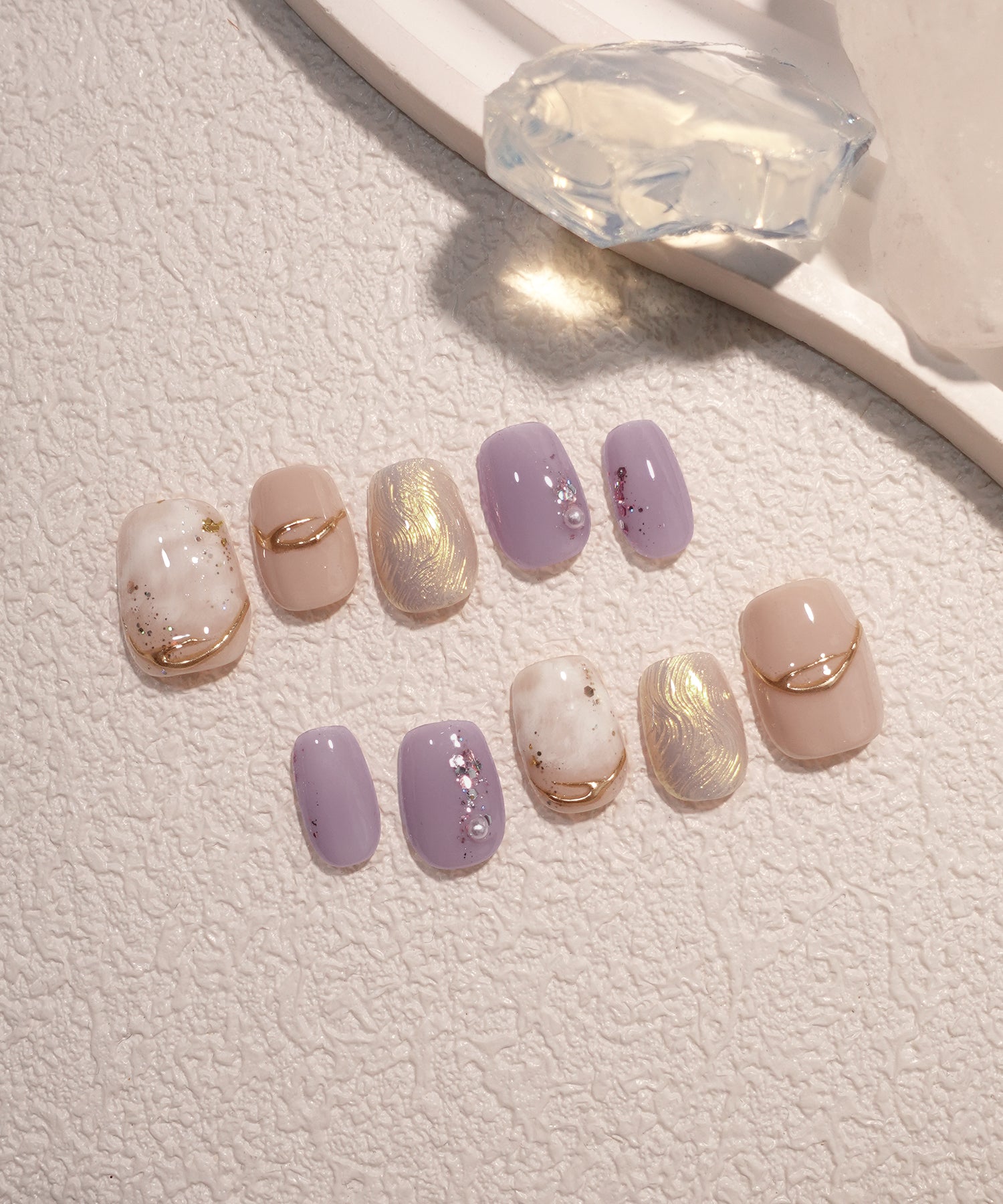 【COMING SOON】水光ネイルパープルニュアンスゴールドミラーウェーブホイルパールラメショートスクエアネイルチップ