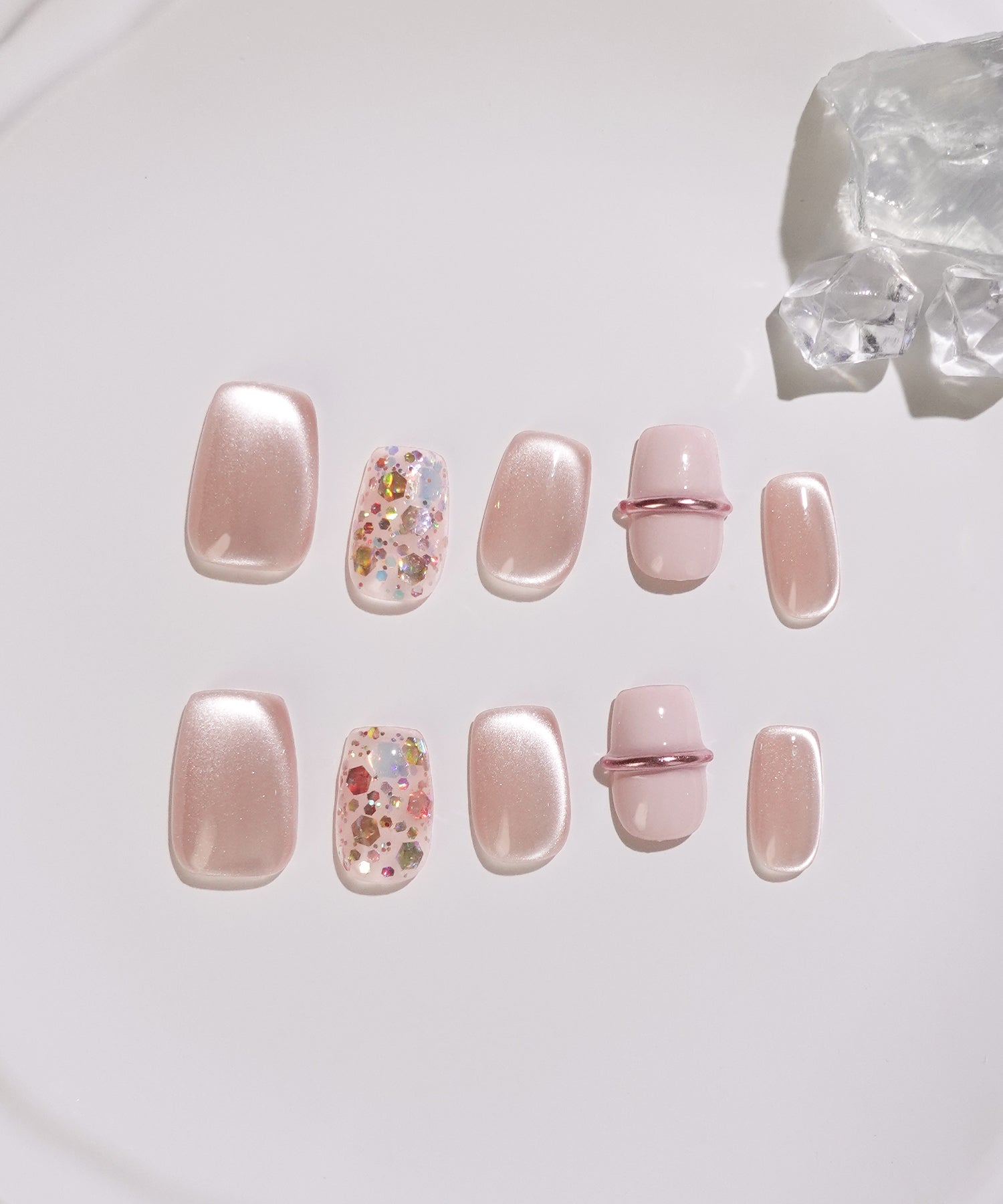 【当日発送】3D水光ネイルピンクマグネットミラーリングシェルショートスクエアネイルチップ