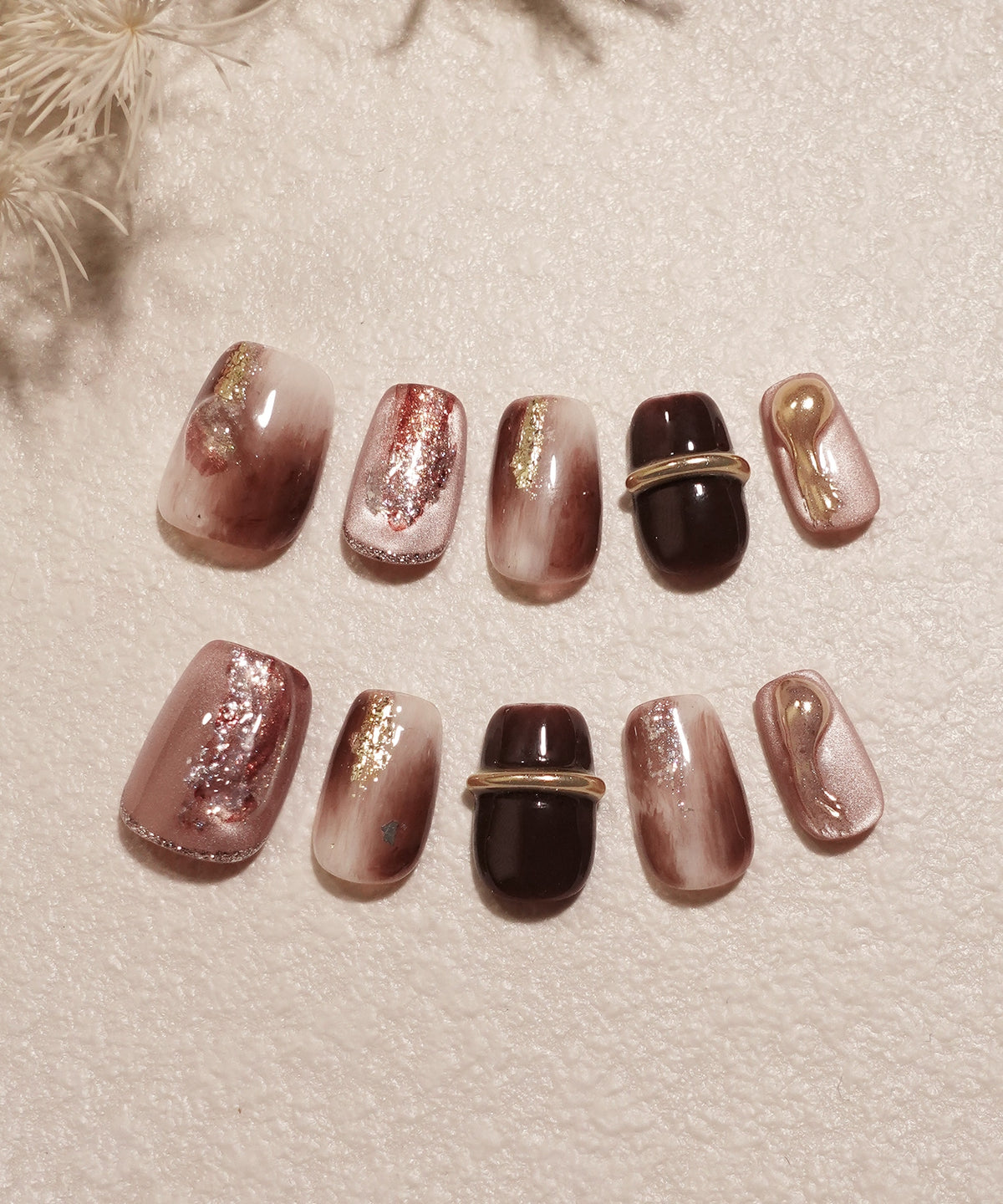 【COMING SOON】Water-glow Brown Rose Magnetic Nuance Art Mirror Foil Glitter Short Square Nail Tips