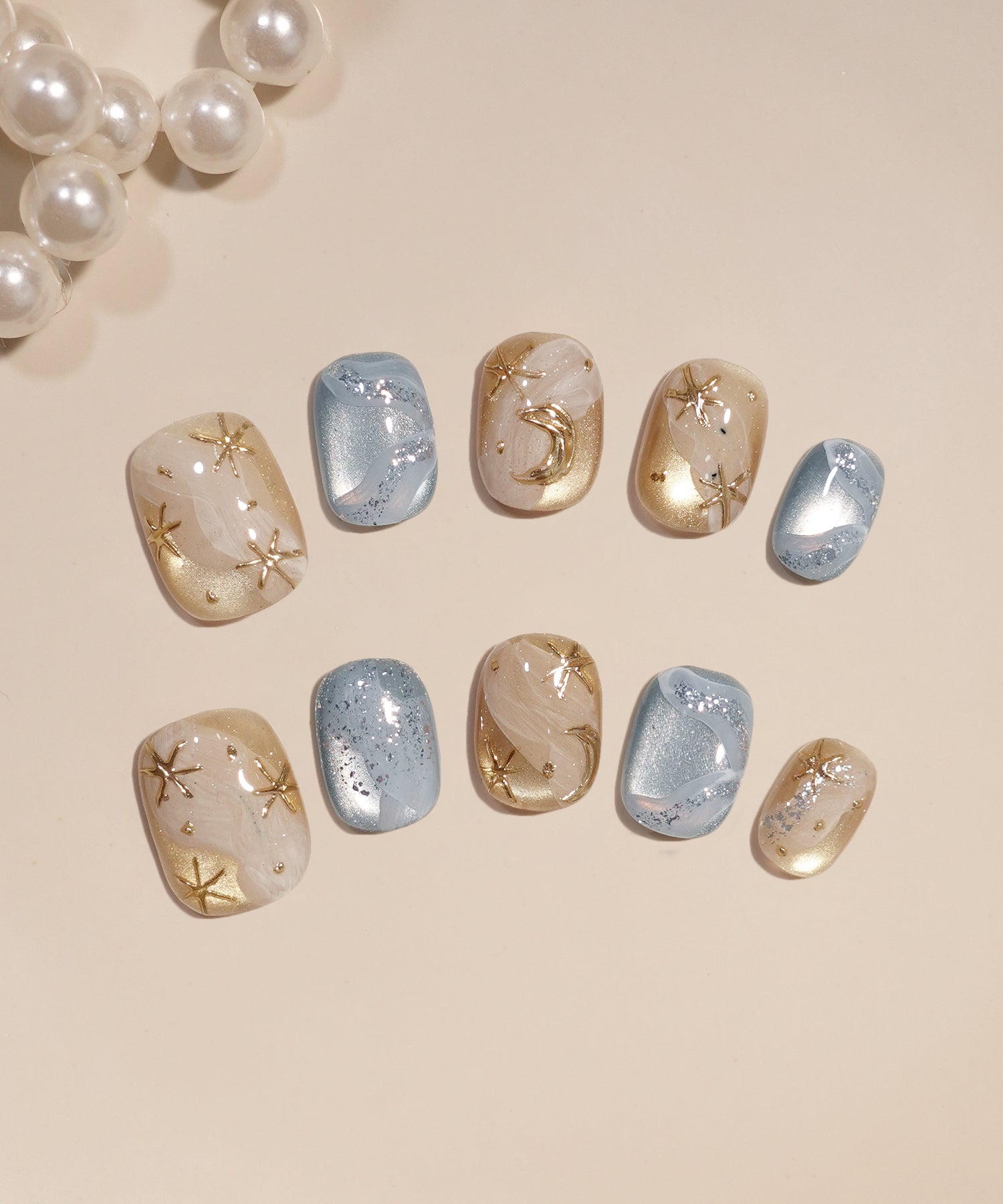 【COMING SOON】水光ネイルブルーマグネットゴールドミラームーンスターニュアンスラメショートラウンドネイルチップ