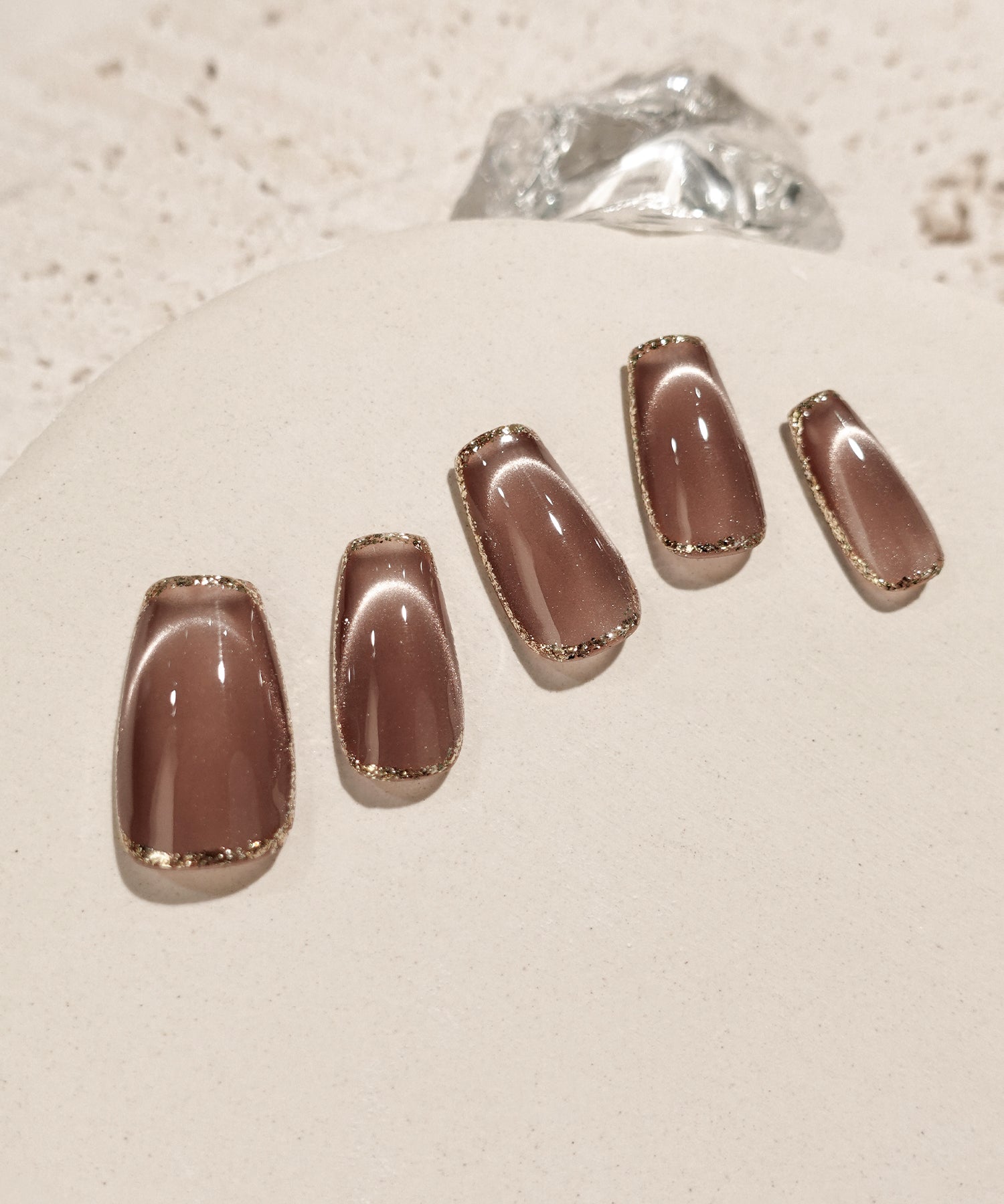 【一部当日発送】水光ネイルブラウンマグネットゴールドフレームバレリーナネイルチップ