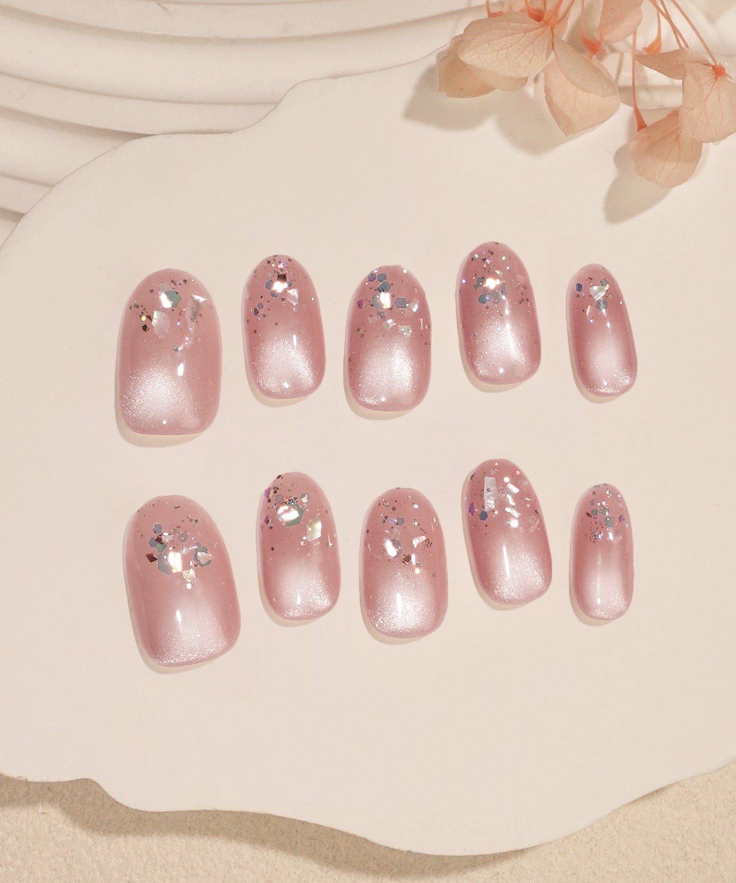 【COMING SOON】水光ネイルシアーピンクマグネットオーロラホログラムシェルオーバルネイルチップ