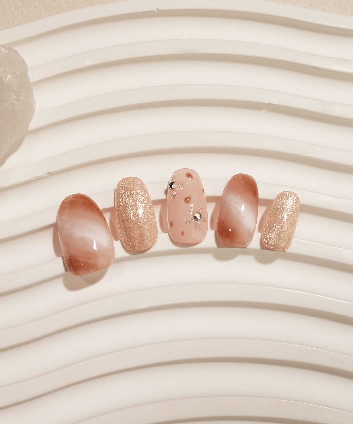 【当日発送】水光ネイルピンクマーブルフラワーアートストーンラメオーバルネイルチップ