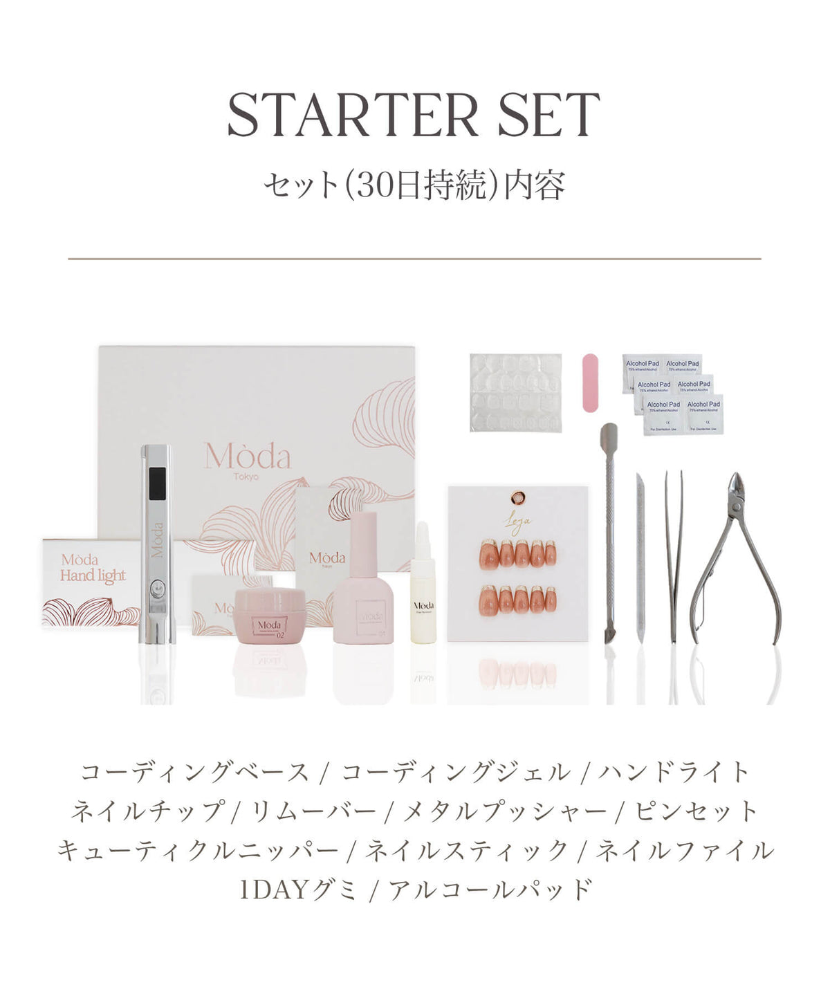 白を基調としたボックスにネイルチップやジェル、ハンドライト、ニッパーなどのお手入れ器具が一式揃ったスターターセットの内容。