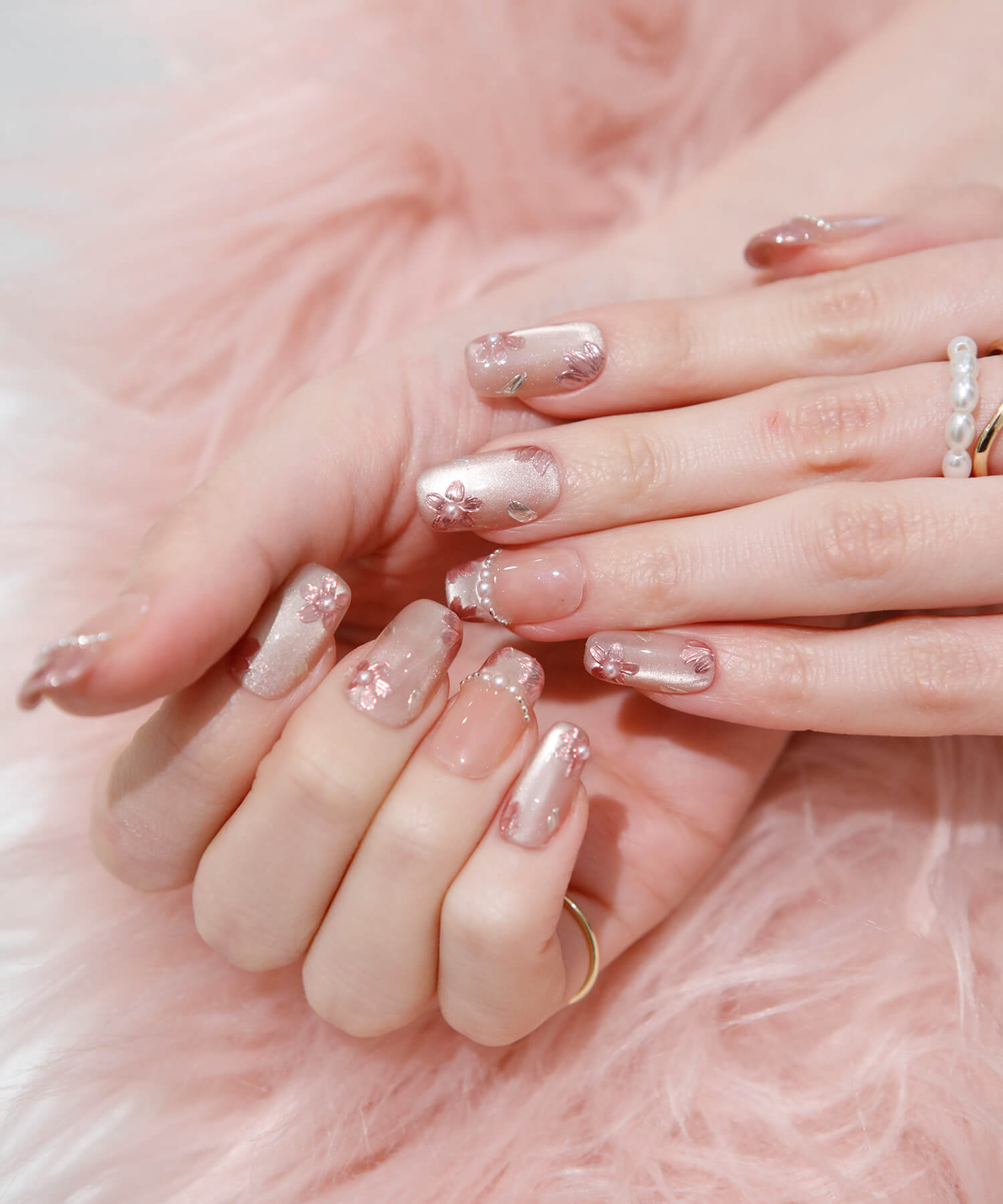 【一部当日発送】水光ネイルピンクマグネットフラワーミラーアートスクエアネイルチップ