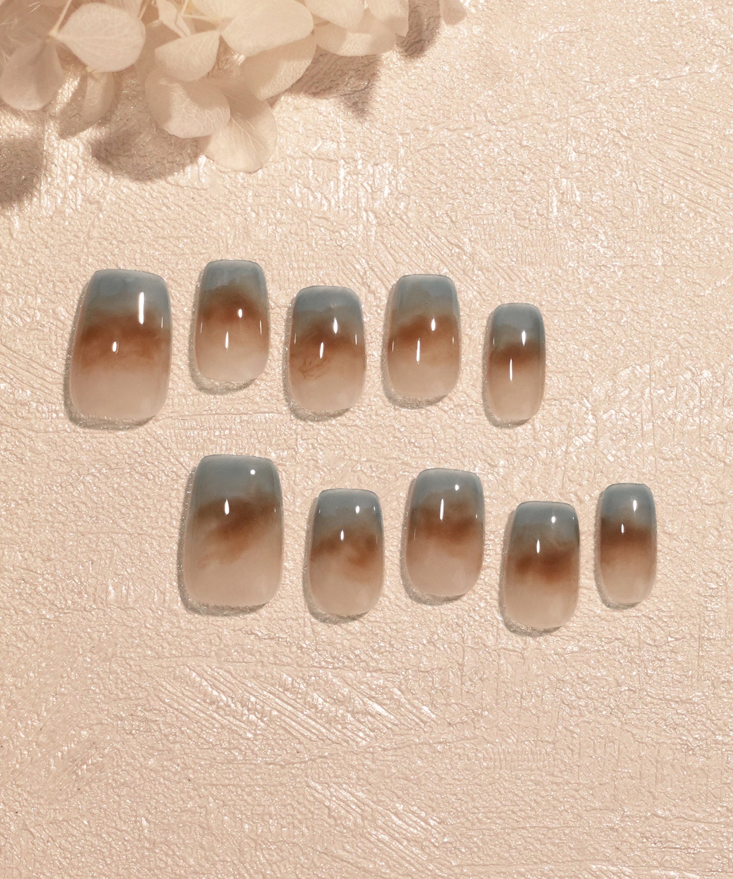 【予約販売】水光ネイルブルーブラウンインクグラデーションニュアンススクエアネイルチップ