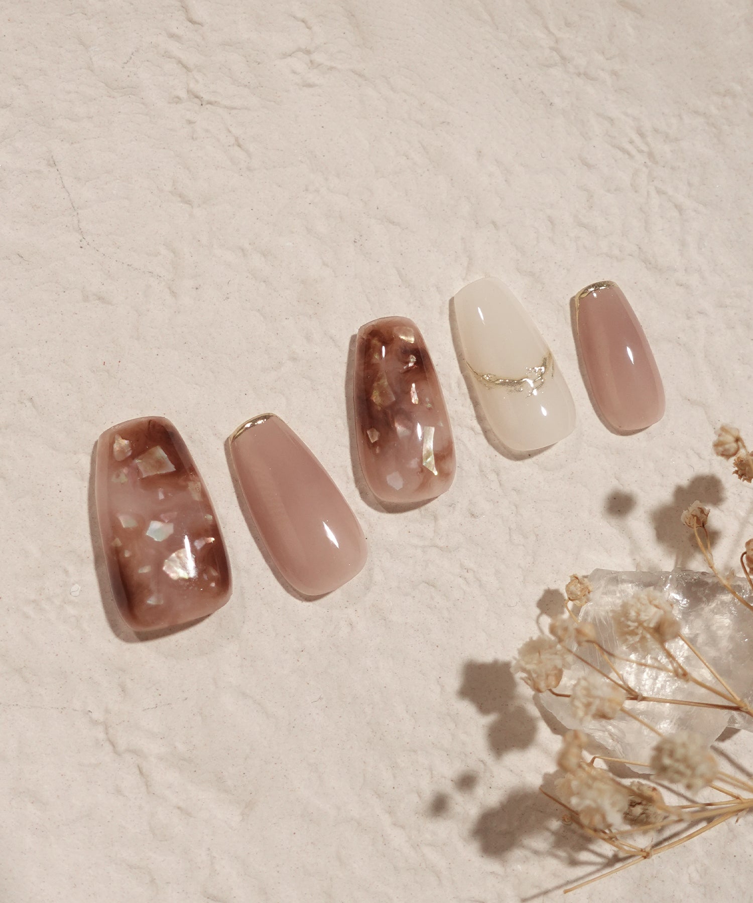 【当日発送】水光ネイルブラウンマーブルシェルラゴールドインバレリーナネイルチップ