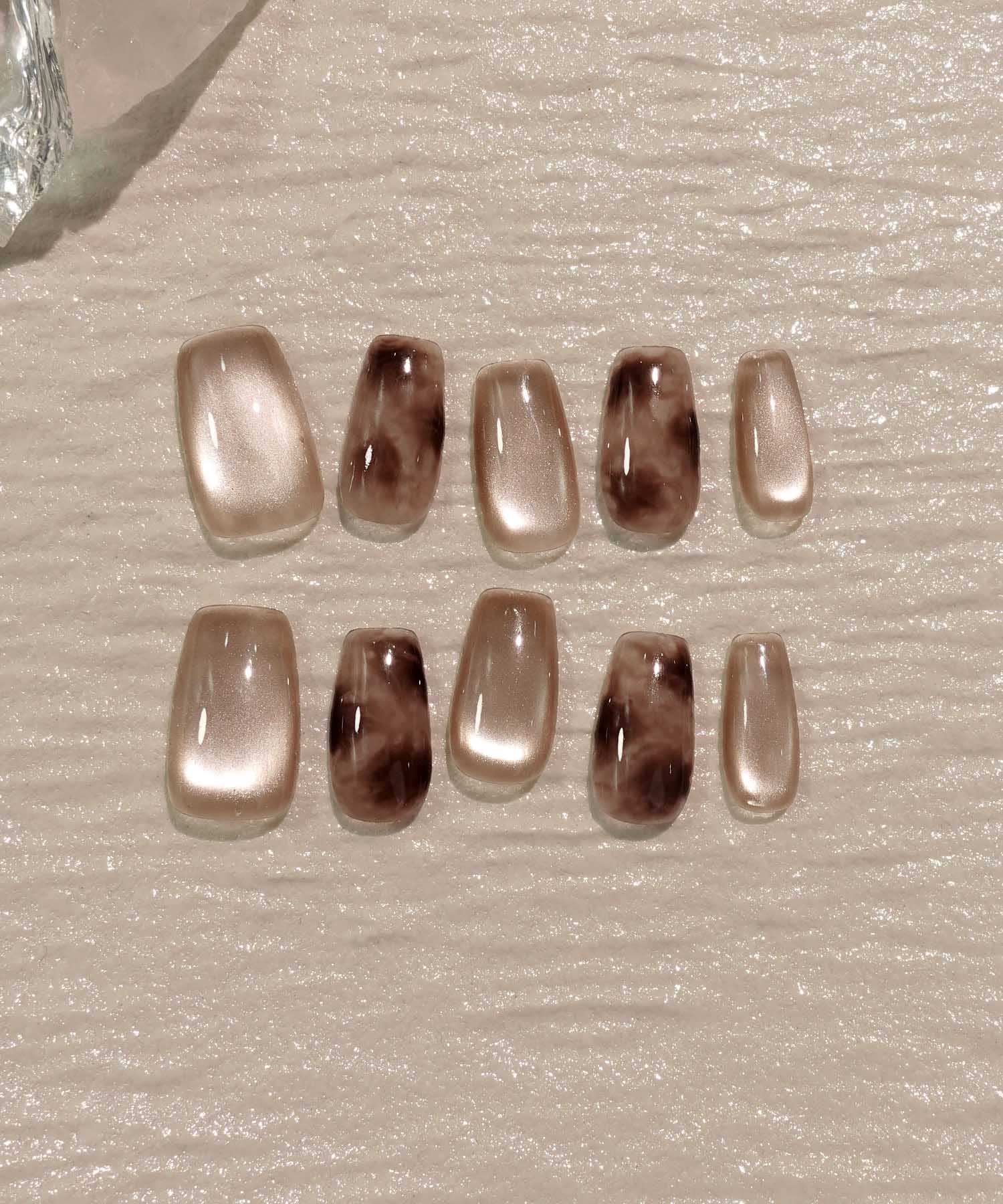 【当日発送】水光ネイルピンクブラウンニュアンスタイダイスクエアネイルチップ