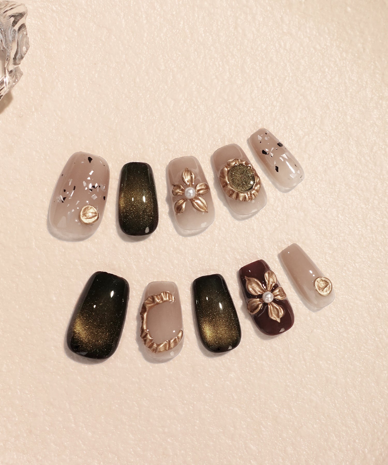 【当日発送】水光ネイルブラウンゴールドマグネットフラワーパーツパールスクエアネイルチップ