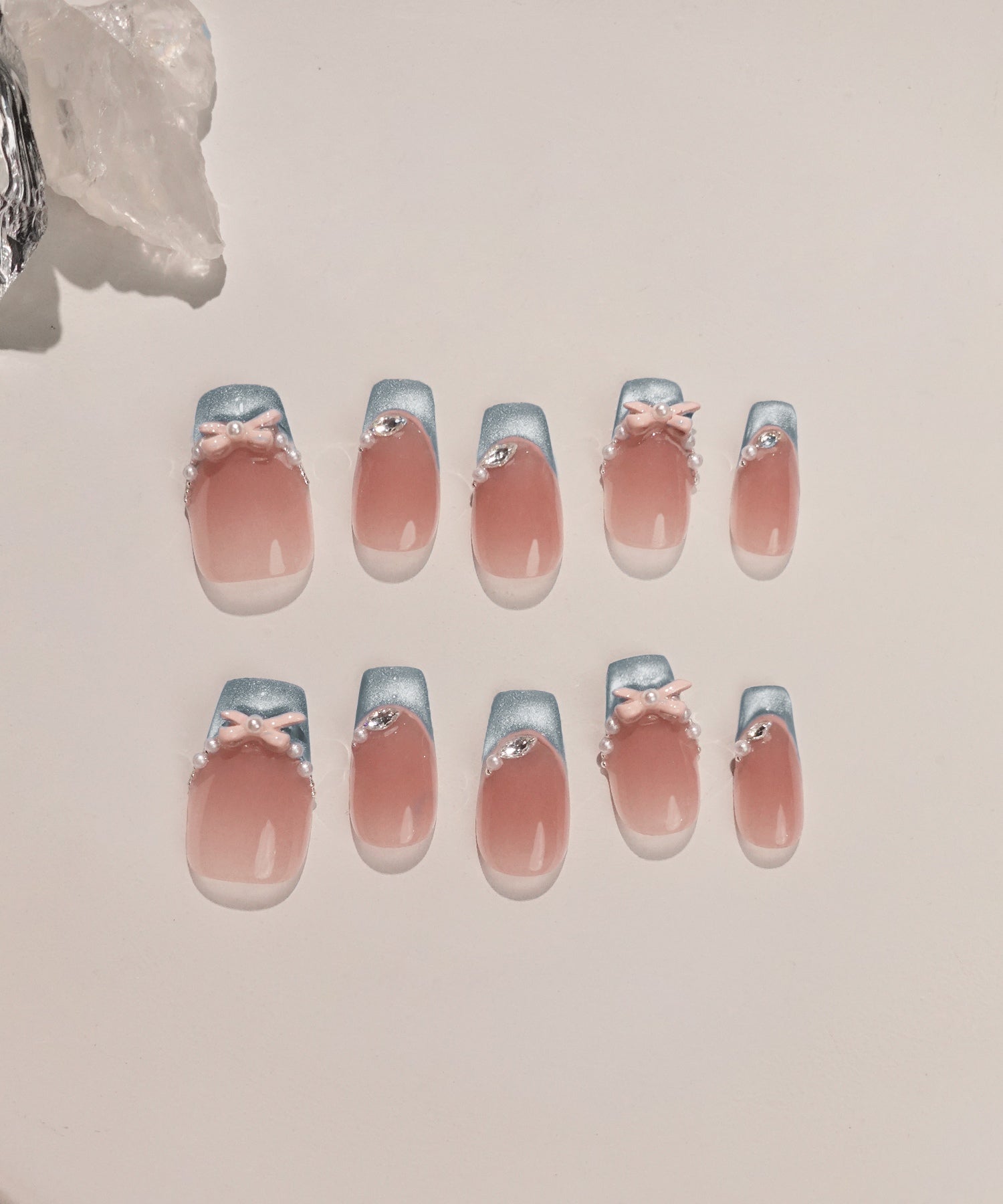 【当日発送】水光ネイルピンクリボンブルーマグネットフレンチバレリーナネイルチップ
