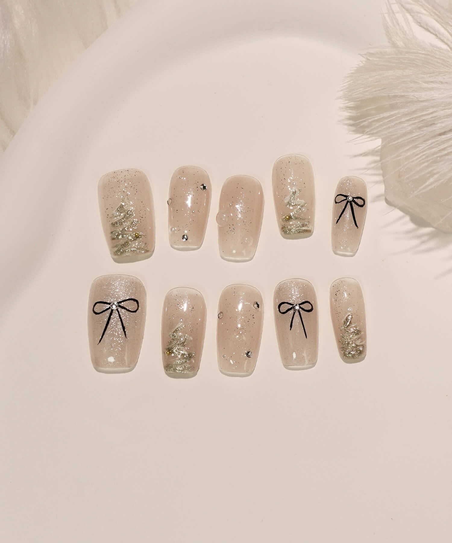 【当日発送】水光ネイルホワイトスノーリボンツリーアートクリスマススクエアネイルチップ