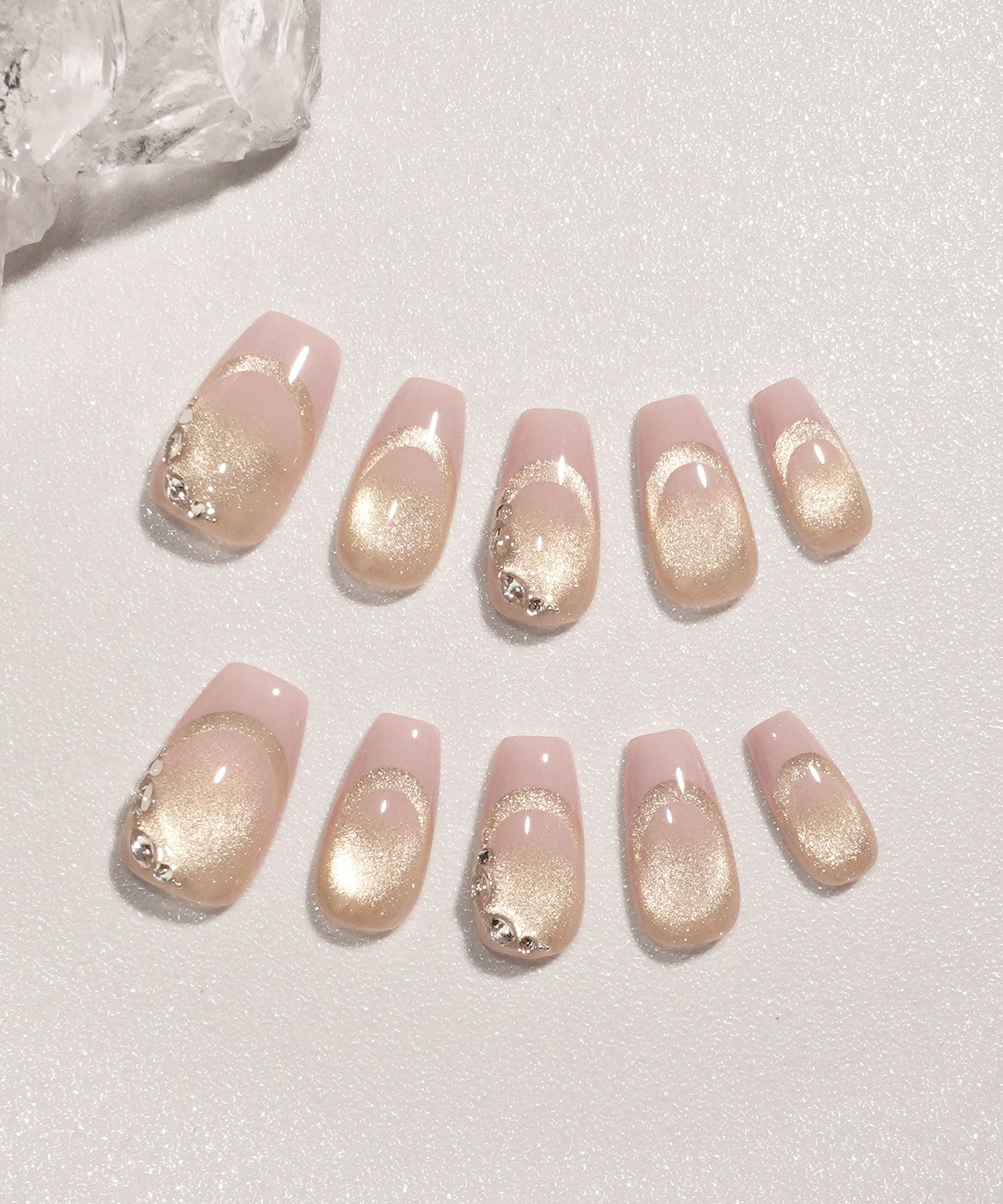 【COMING SOON】水光ネイルピンクダブルフレンチシャンパンマグネットビジューストーンバレリーナネイルチップ