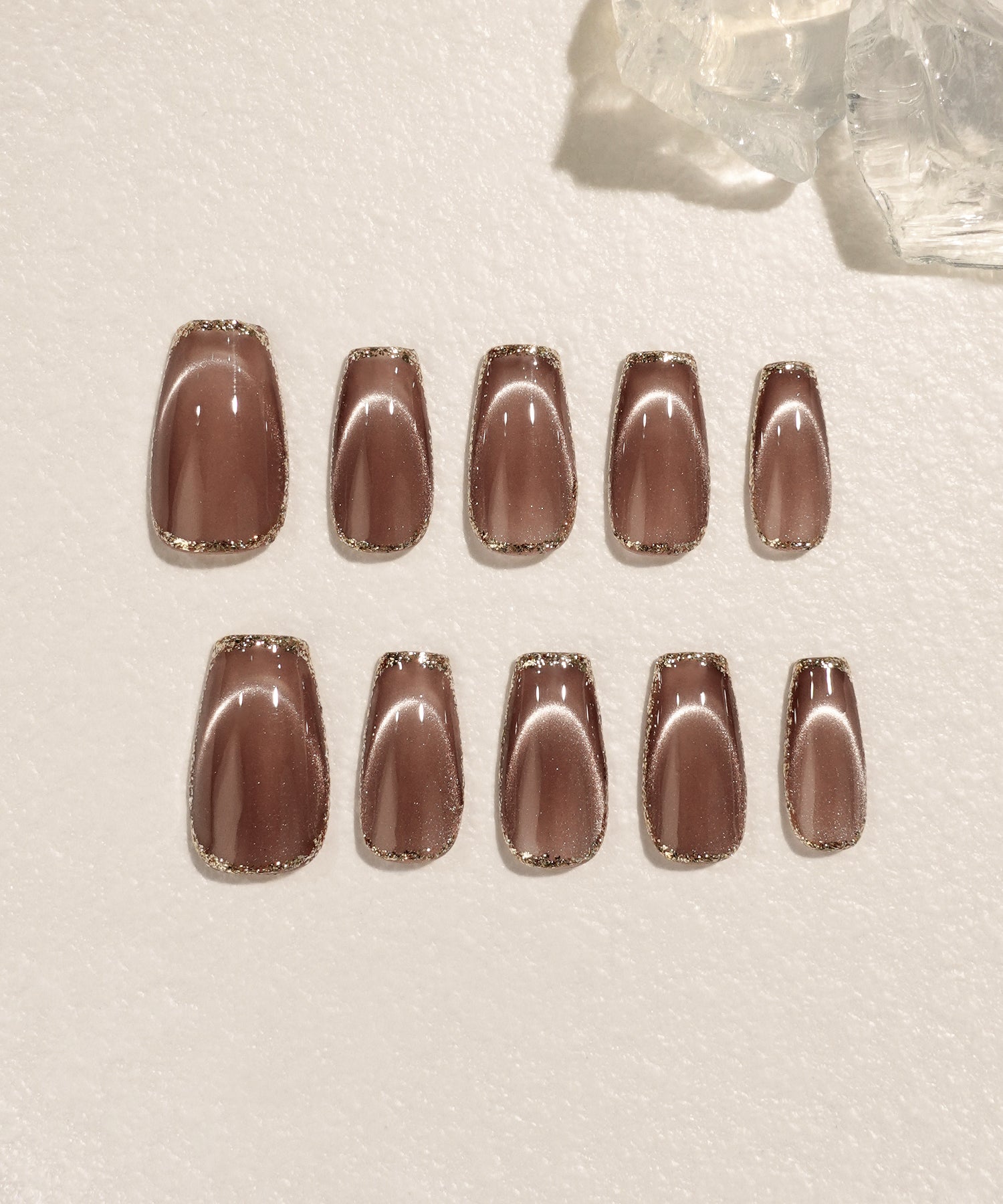 【一部当日発送】水光ネイルブラウンマグネットゴールドフレームバレリーナネイルチップ