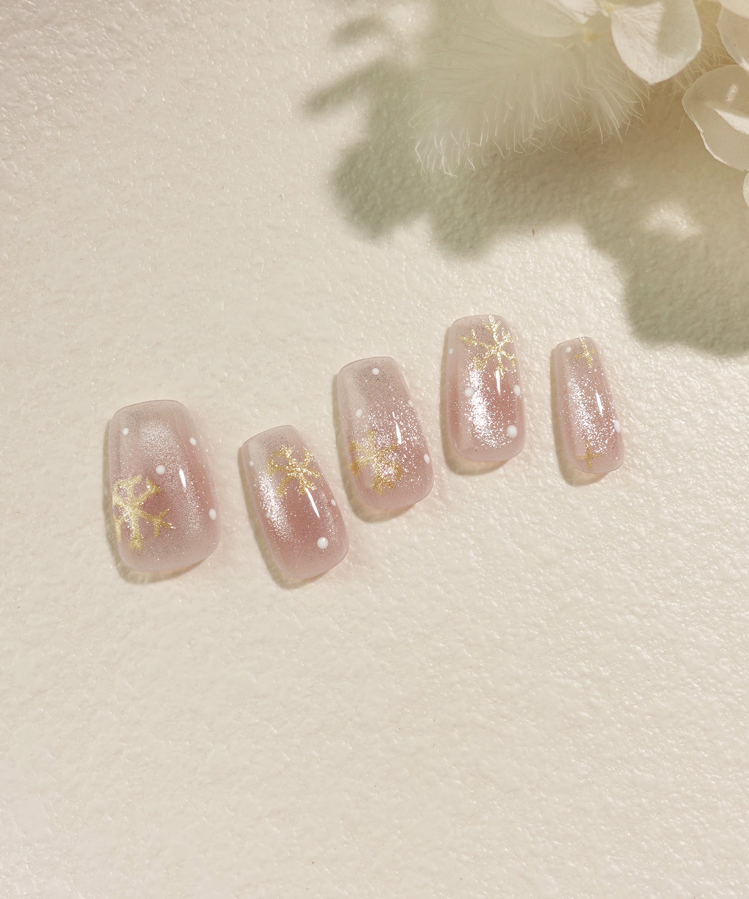 【COMING SOON】水光ネイルピンクワンカラースノーフレークドットロングバレリーナネイルチップ