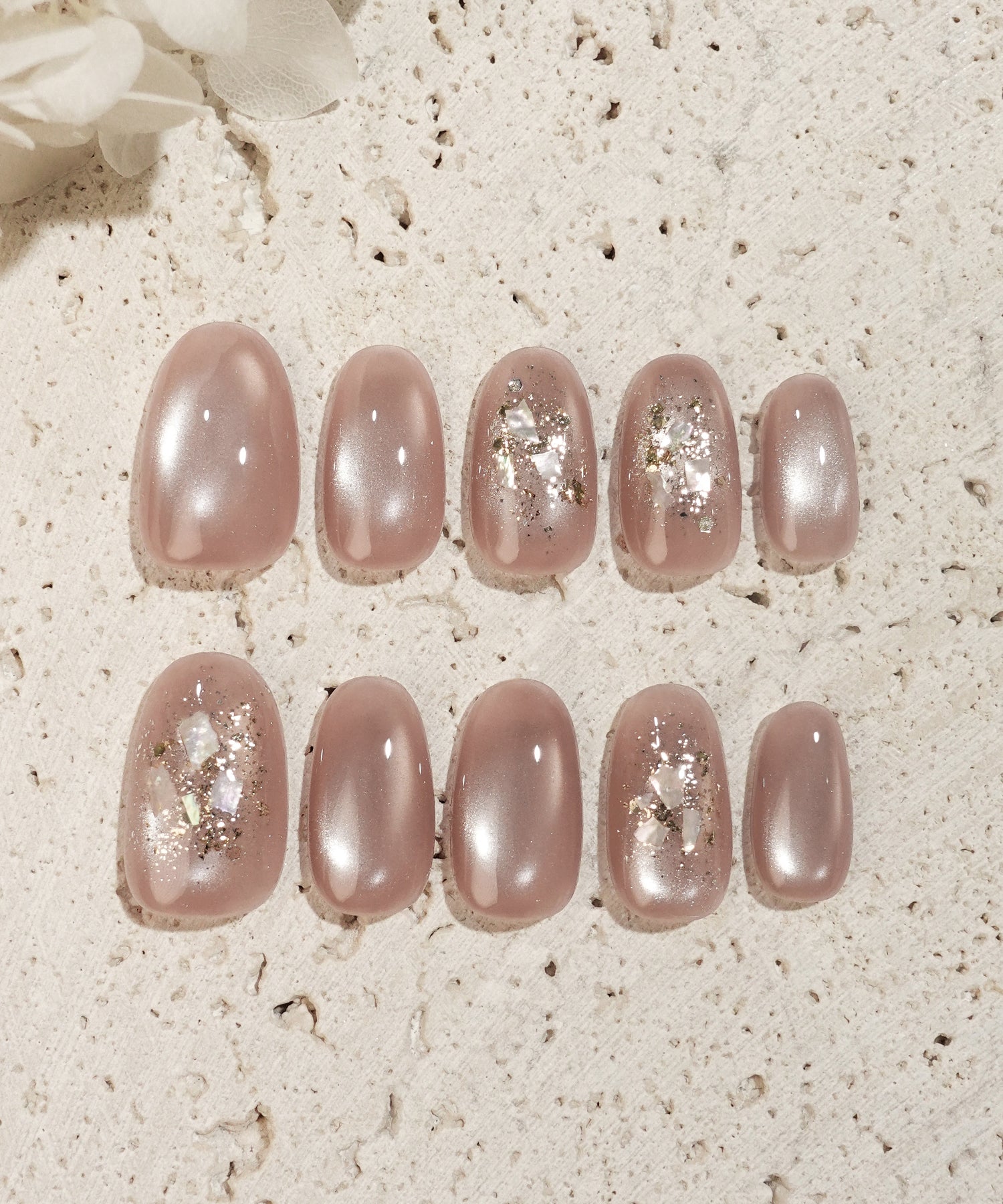 【当日発送】水光ネイルピンクマグネットゴールドホイルシェルオーバルネイルチップ