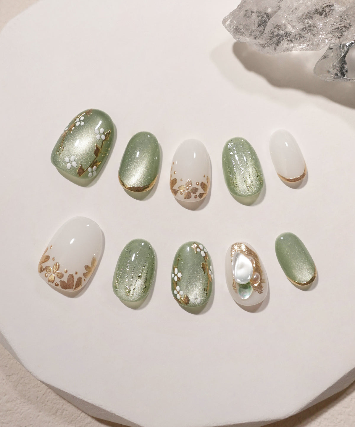 当日発送】水光ネイルグリーンマグネットフラワーアートゴールドミラー 