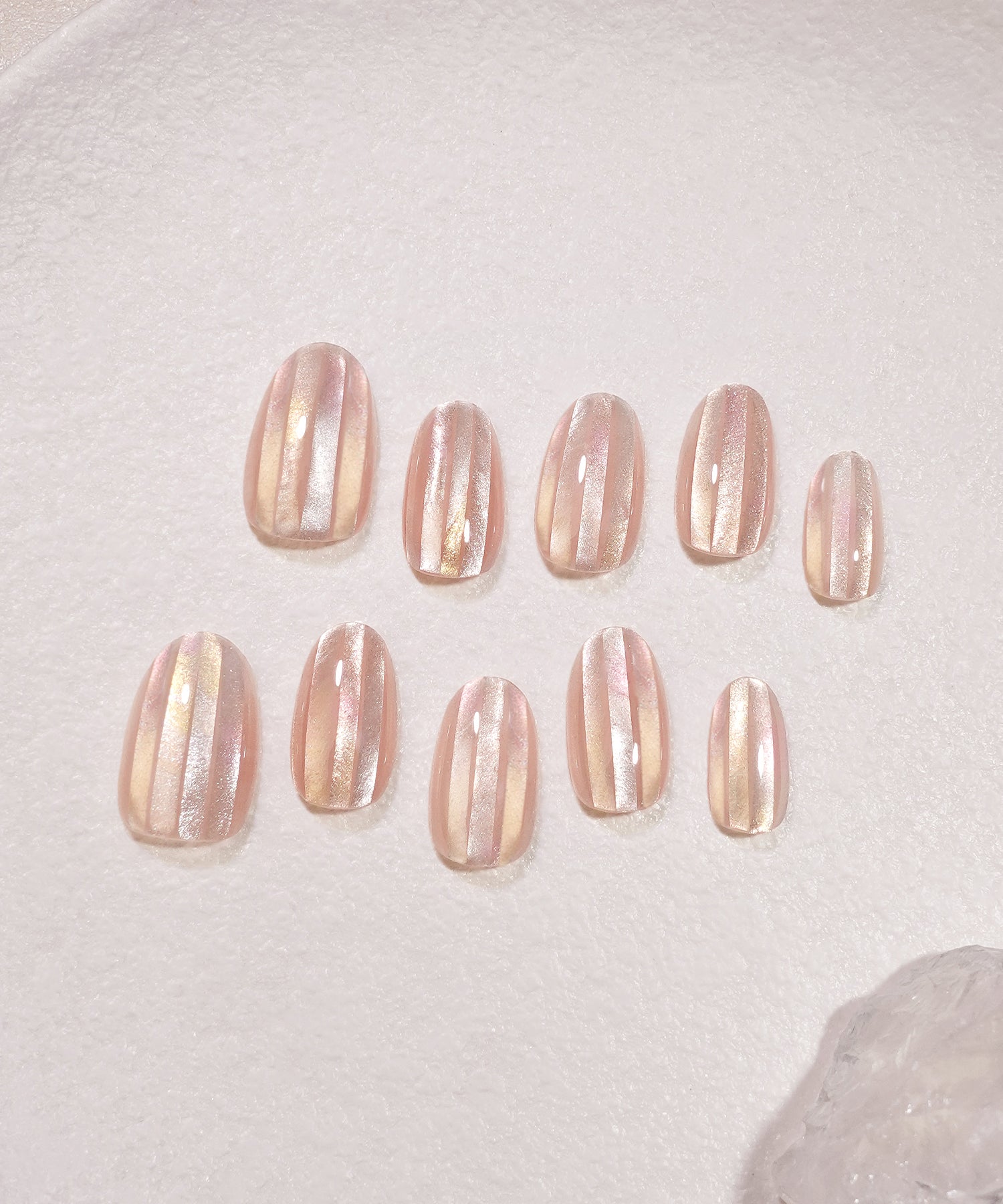 【COMING SOON】水光ネイルピンクマグネットフィルムストライプオーバルネイルチップ