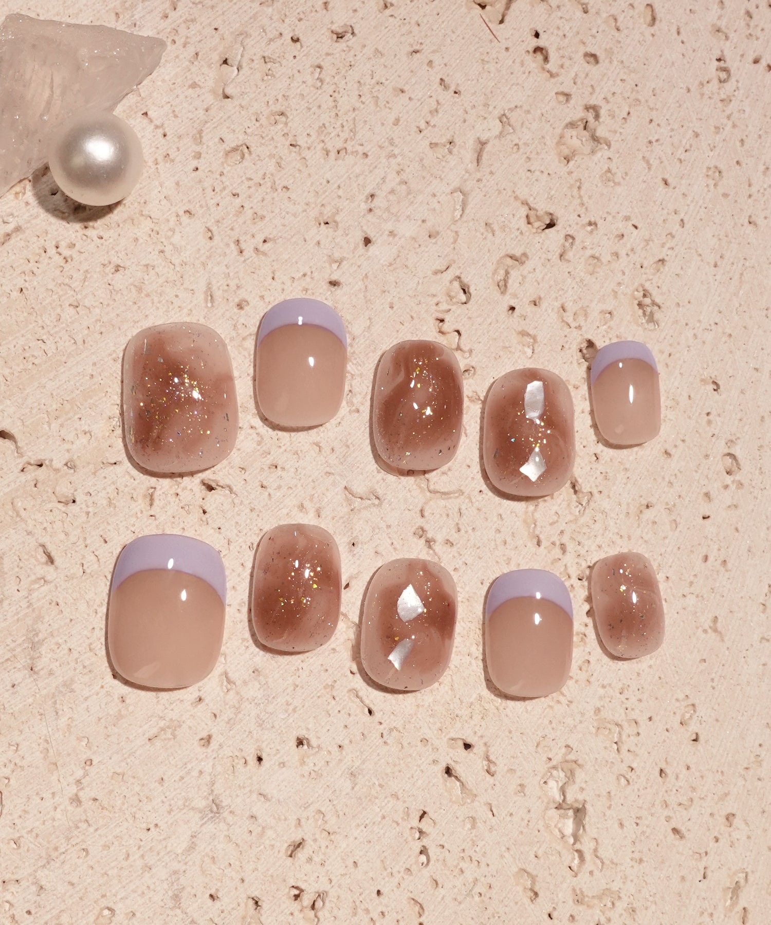 【当日発送】水光ネイルラベンダーフレンチベージュブラウンニュアンスシェルショートラウンドネイルチップ